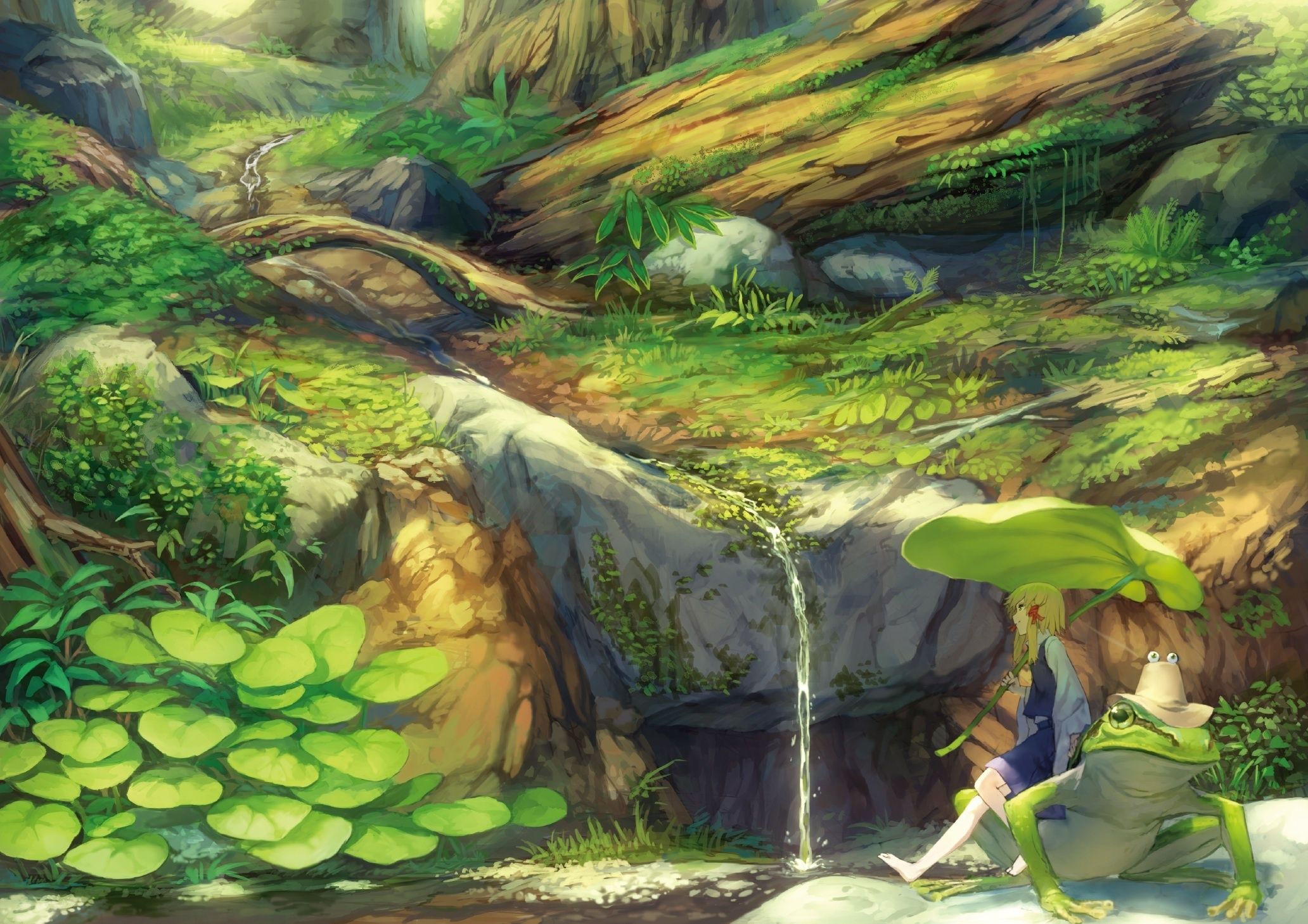 2064x1458 Wallpaper forest, girl, trees, nature, stream, frog, hat, anime for mobile and desktop, section аниме, resolution 2064x1458