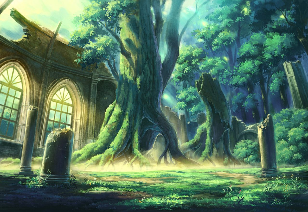 1280x882 Desktop wallpaper: Anime, Tree, Forest, Ruin 4K free download for PC. 1496621