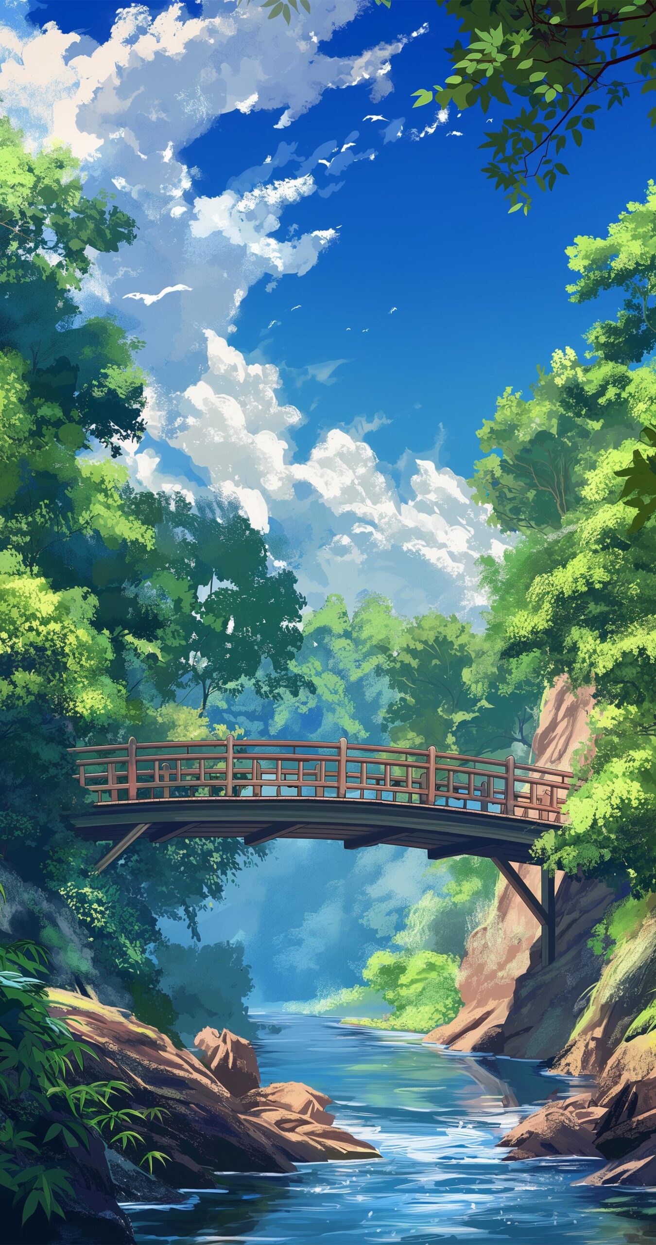 1350x2560 4K Anime Bridge Over Forest River Wallpaper