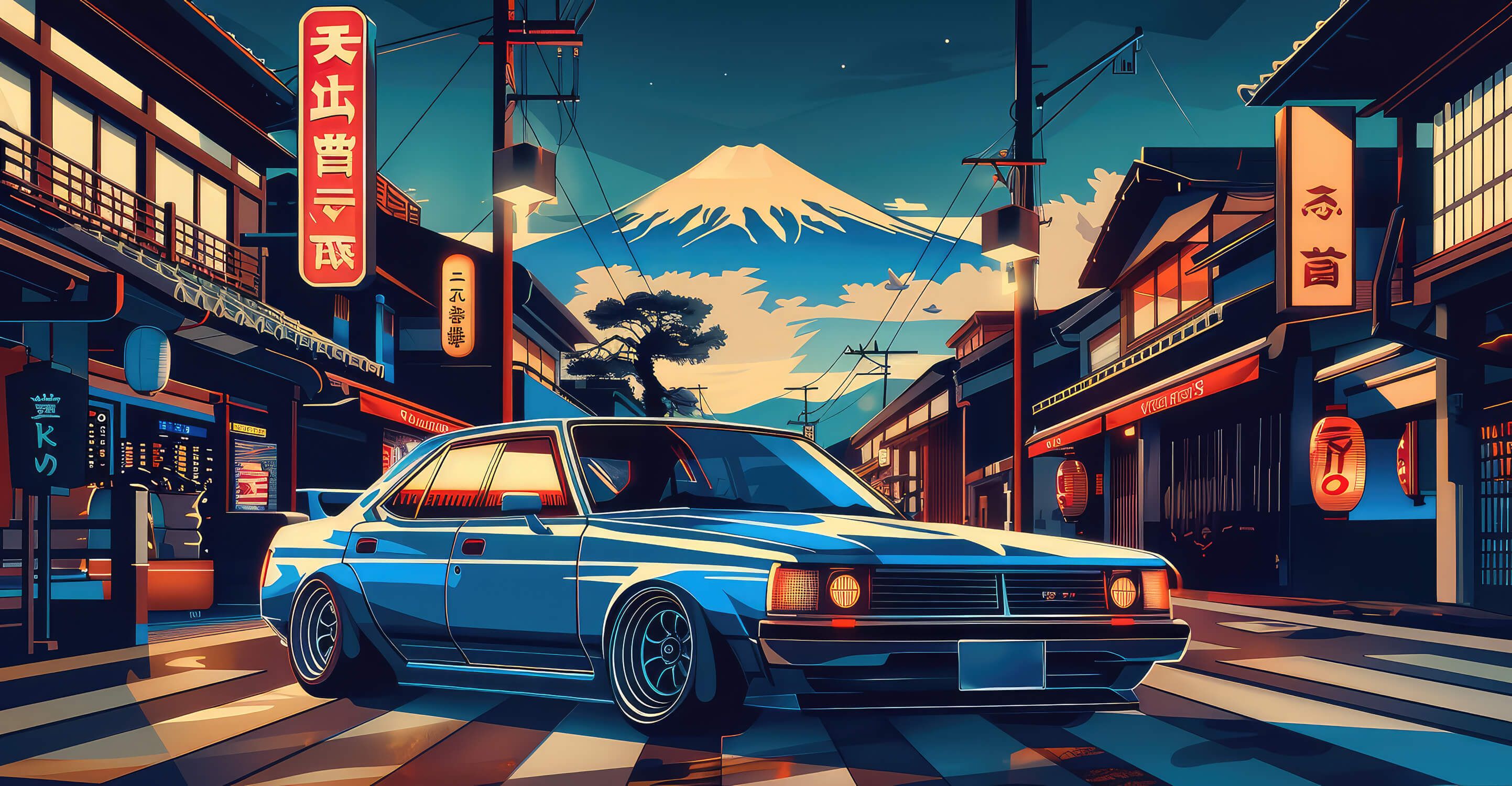 2885x1500 Japanese Street Mural Wallpaper. Retro Sports Car with Mount Fuji