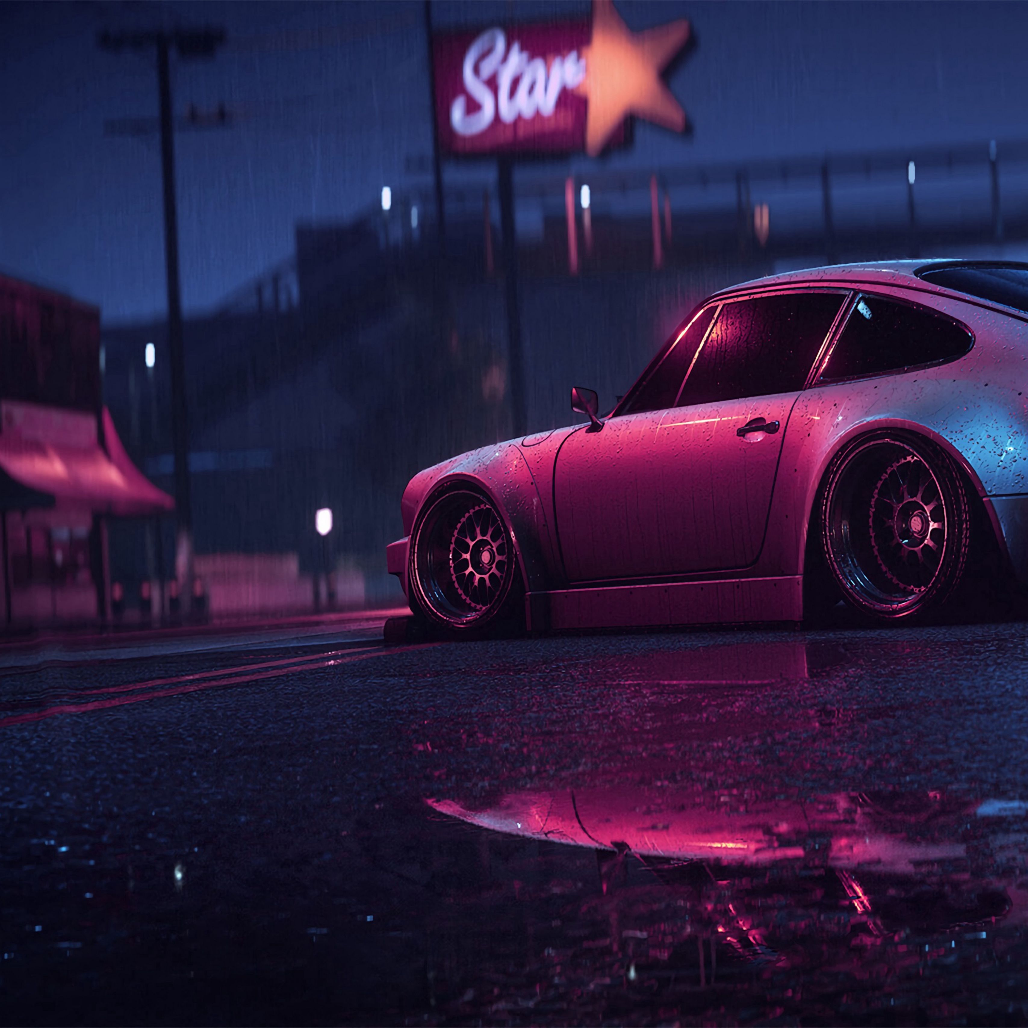 3415x3415 Download wallpaper 3415x3415 porsche 911 carrera rsr, porsche, sports car, old, tuning, night, neon ipad pro 12.9 retina for parallax HD background