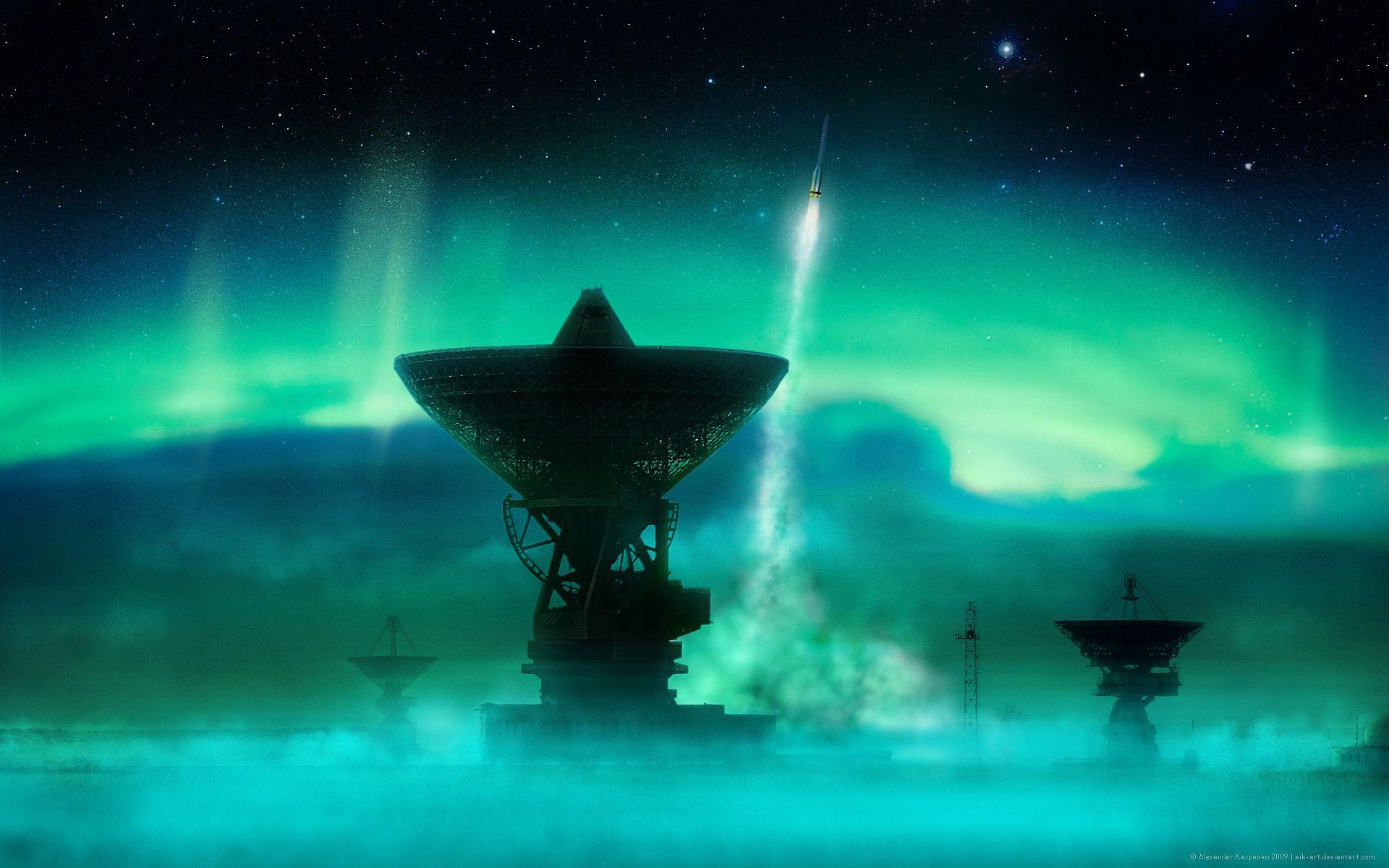 1920x1200 rockets, outer space, aurora borealis, satellite dish wallpaper
