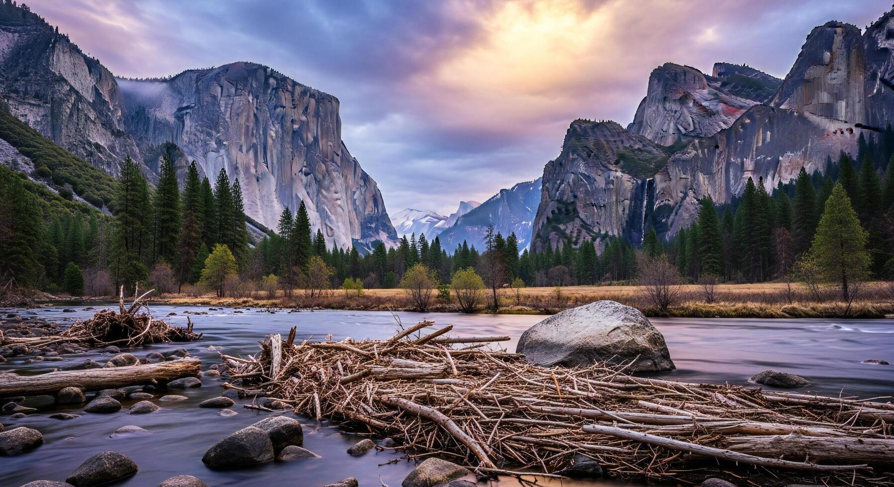 1797x980 Nature background, Nature wallpaper, Majestic granite cliffs rise above a flowing river with scattered logs and trees under a dramatic sky