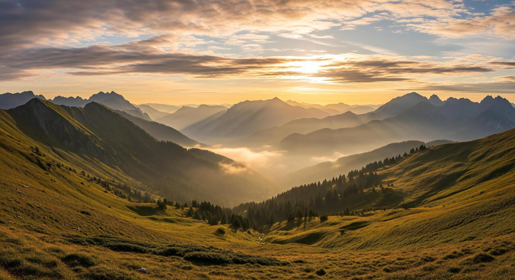 1797x980 Nature background, Nature wallpaper, Majestic mountain range bathed in golden sunrise light with misty valleys and pine forests