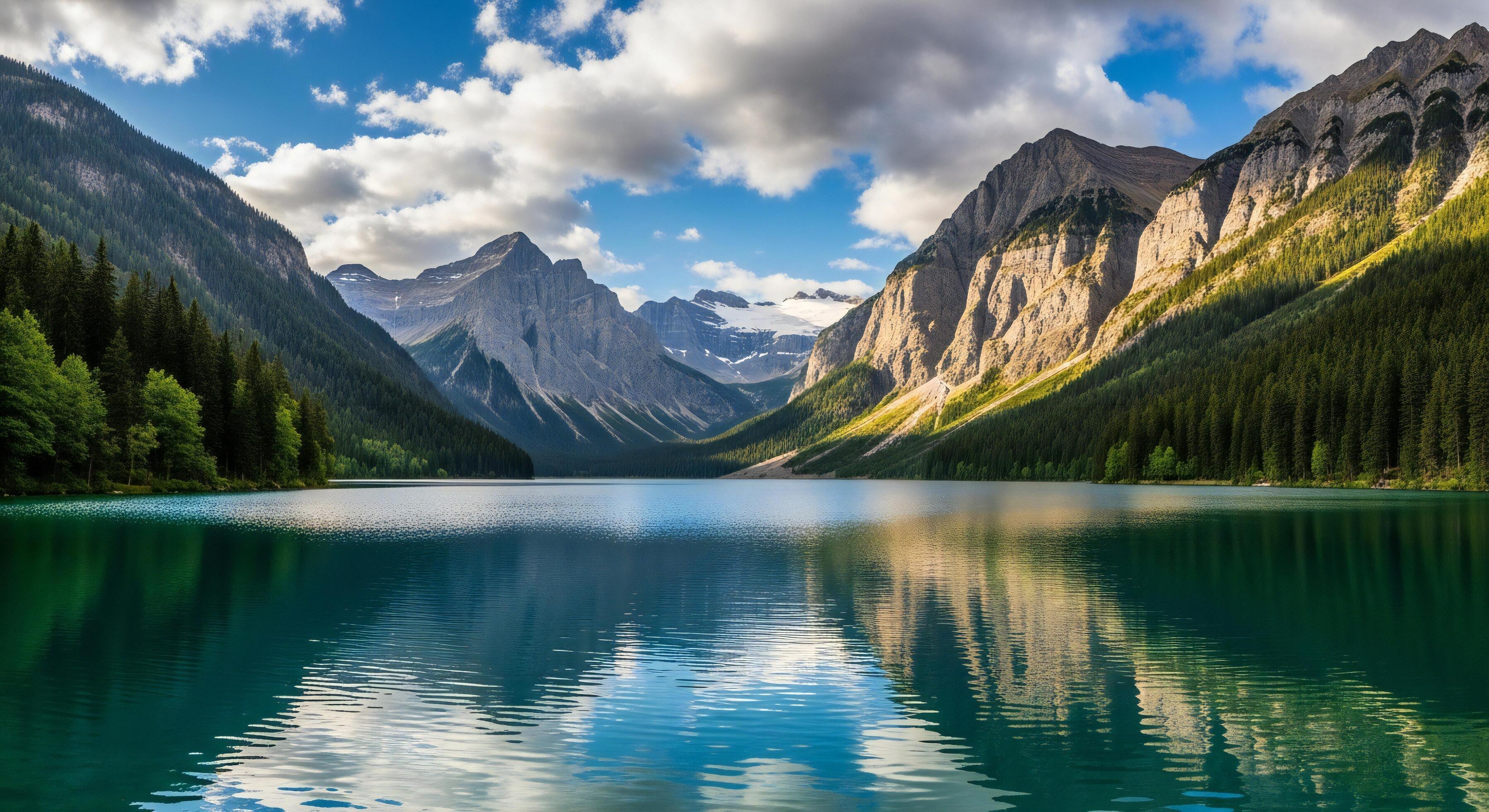 3593x1960 Nature background, Nature wallpaper, Majestic mountain peaks reflecting in a calm turquoise lake surrounded by dense pine forests under a cloudy blue sky