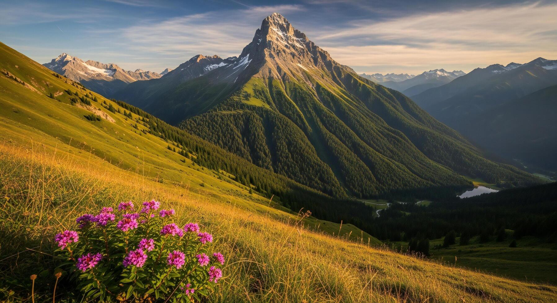 1797x980 Nature background, Nature wallpaper, Majestic mountain peak overlooks a lush green valley with a tranquil lake blooming wildflowers in foreground