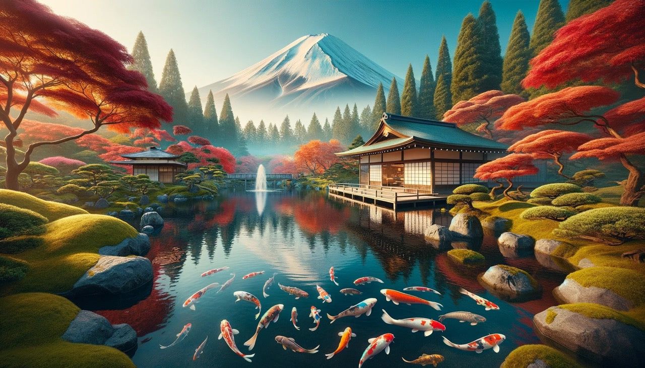 1280x731 Japanese Mural Wallpaper. Tranquil Temple and Koi Carp at the Foot of