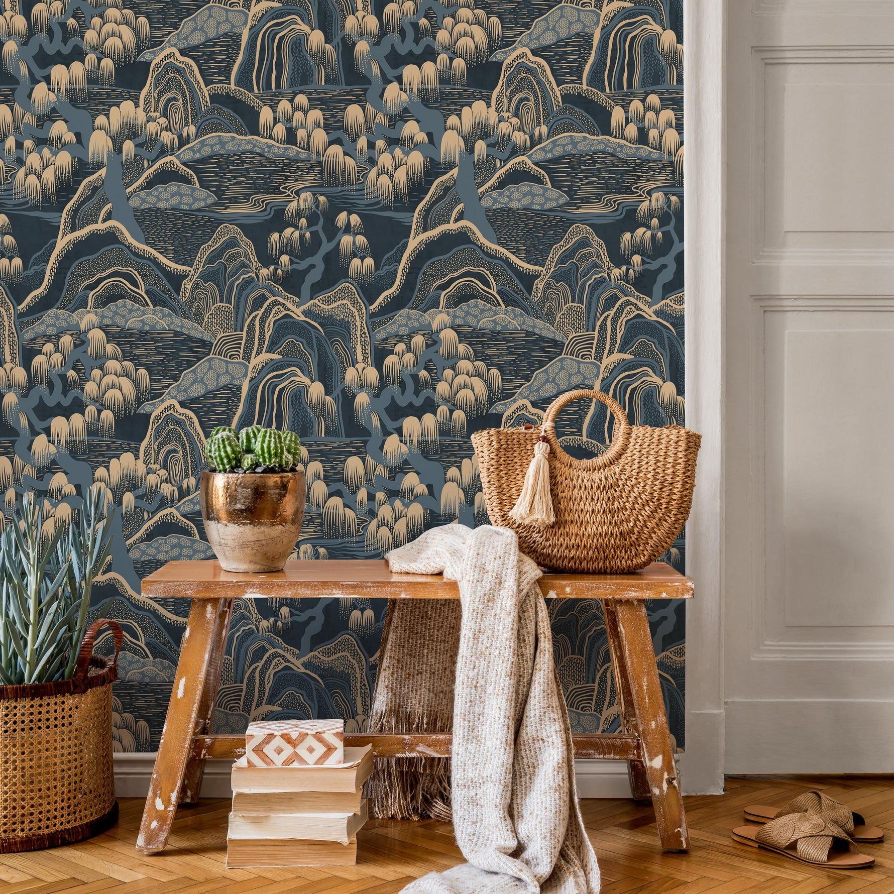 1780x1780 Chinoiserie Wallpaper with a Japanese Mountain Landscape in Navy Blue and Beige