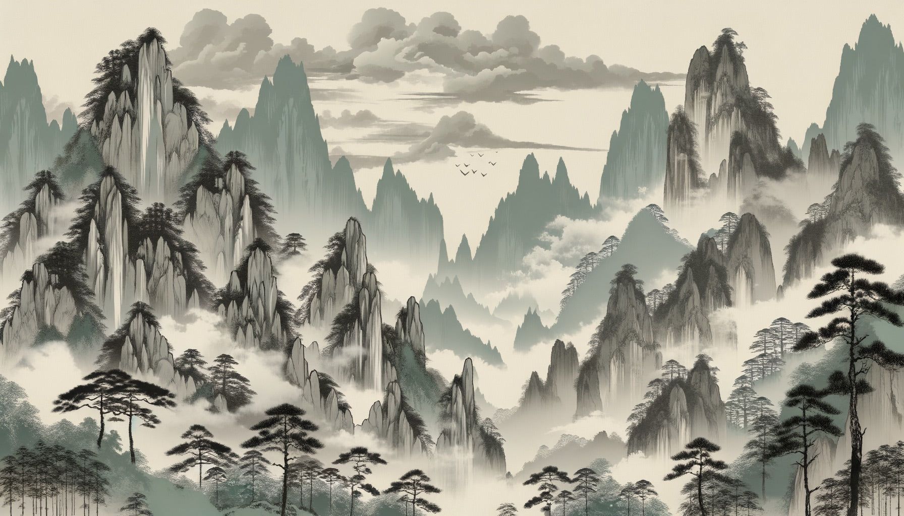 1792x1024 Japanese Mural Wallpaper. Serene Japanese Mountains and Trees in Mute