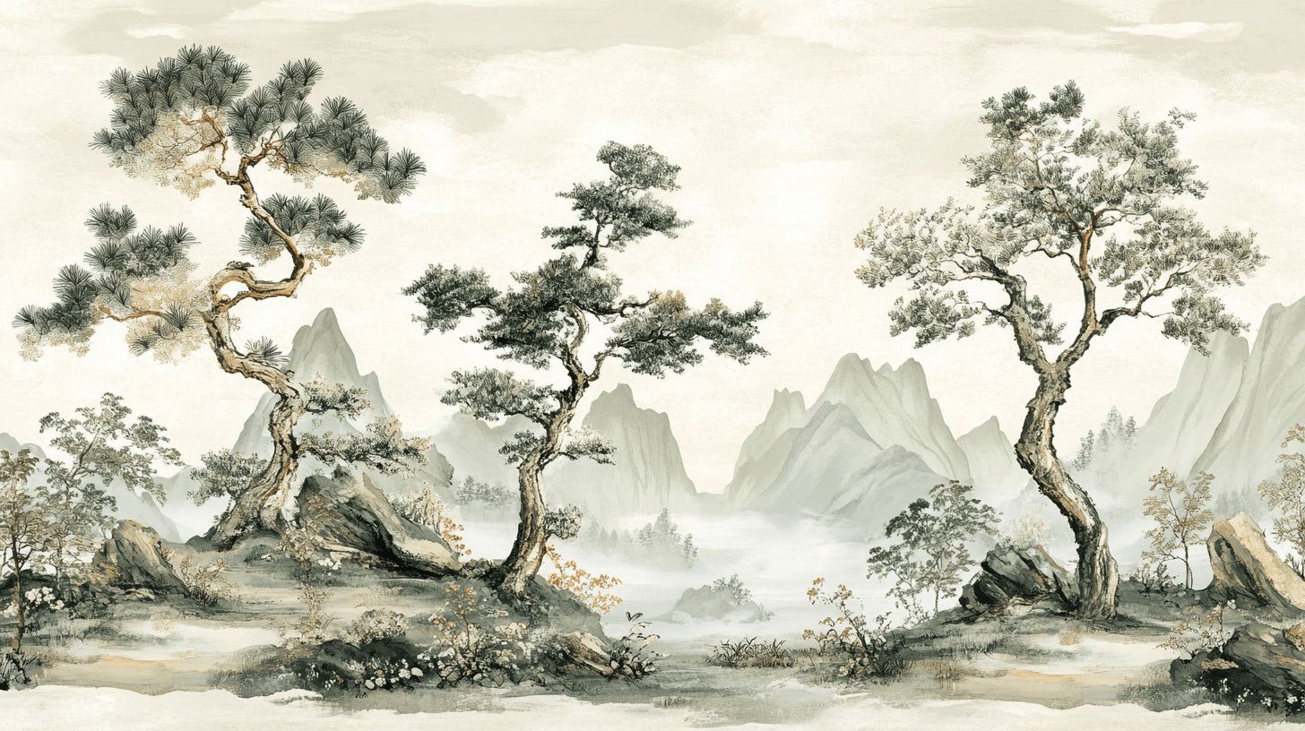 1456x816 Japanese Mountain Mural Wallpaper. Pine Trees and Misty Peaks