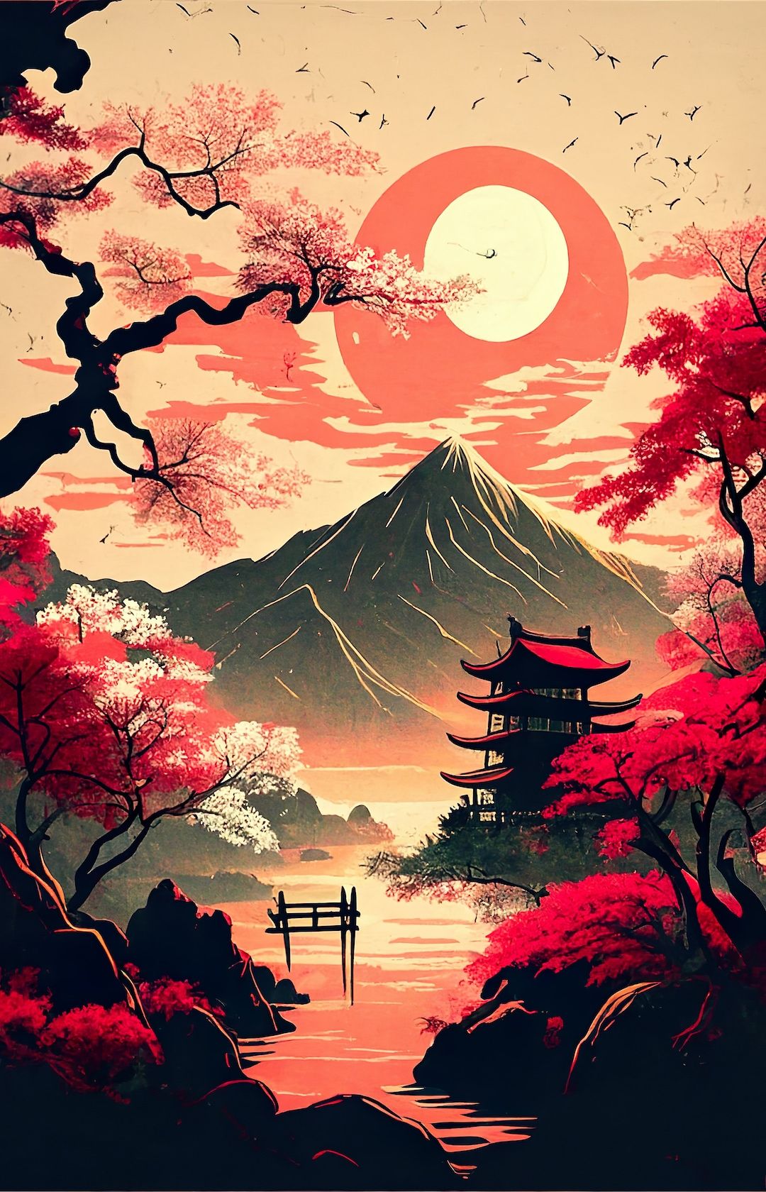 1080x1680 Japanese Landscape With High Flying Birds And A Lone House On The River Bank