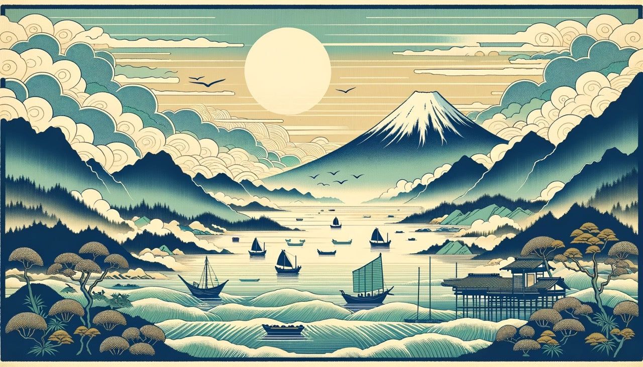 1280x731 Japanese Mural Wallpaper. Mount Fuji, Japanese White Clouds, and Boat