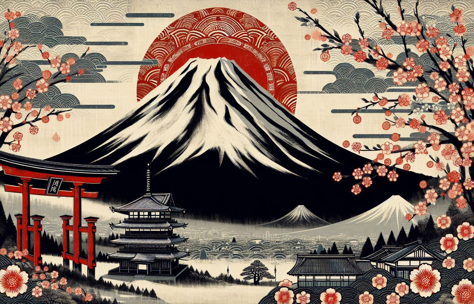 1526x980 Japanese Mural Wallpaper. Mount Fuji and Japanese Temple in Red and B
