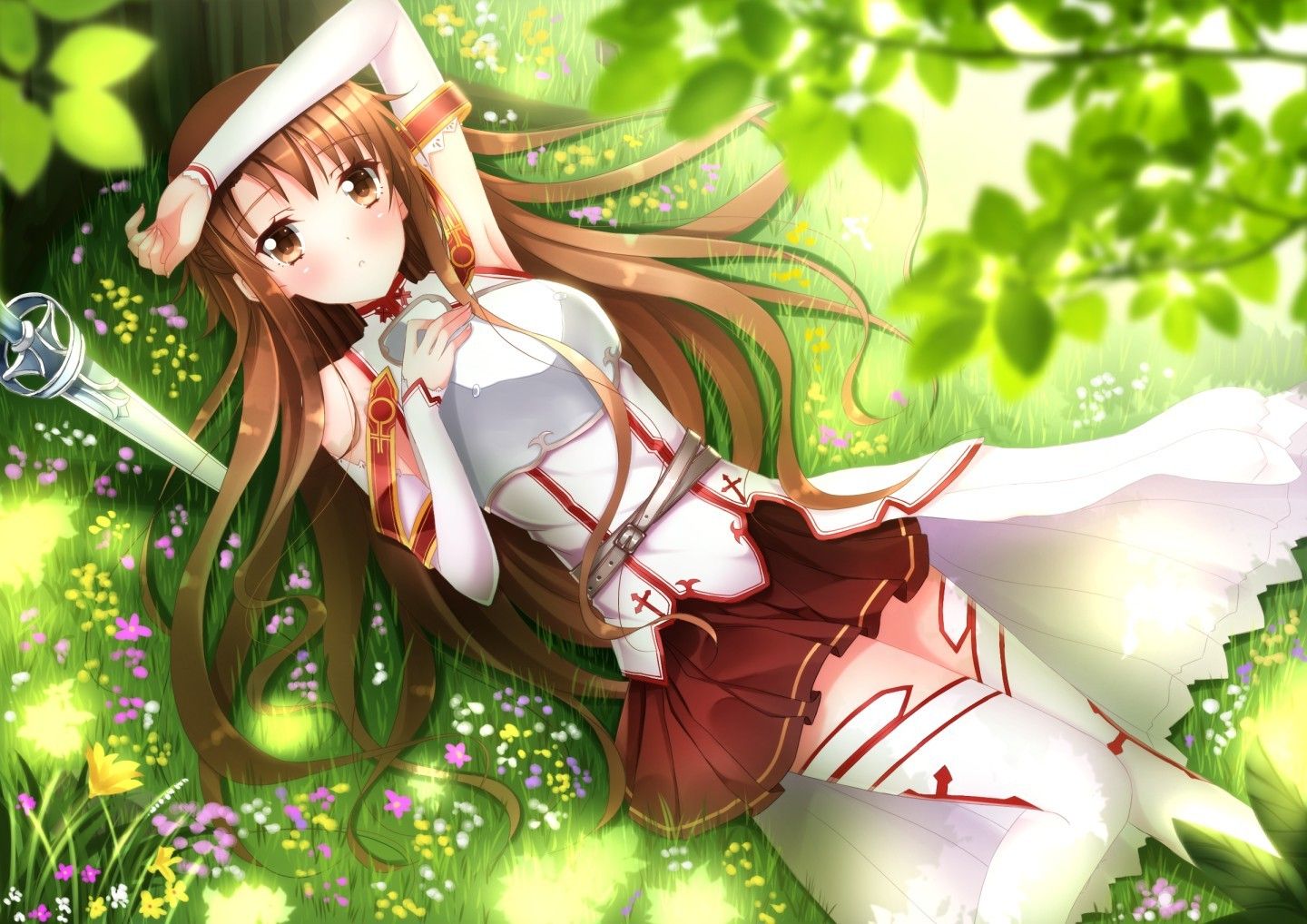 1440x1018 Sword Art Online, Anime, Anime Girls, Lying Down, Grass, Field, Yuuki Asuna Wallpaper HD / Desktop and Mobile Background