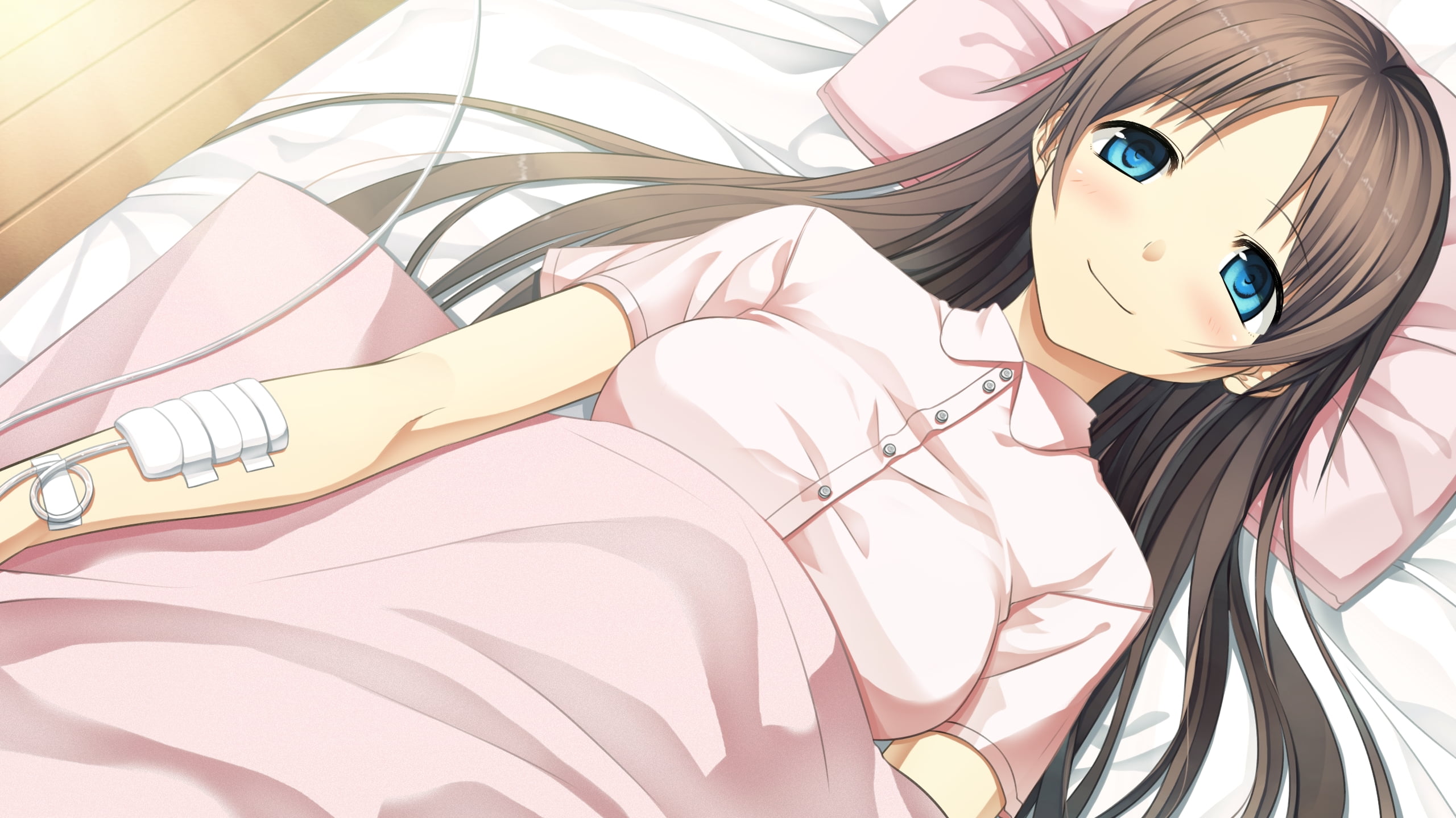 2560x1440 Screenshot of female anime character lying down on hospital bed HD wallpaper