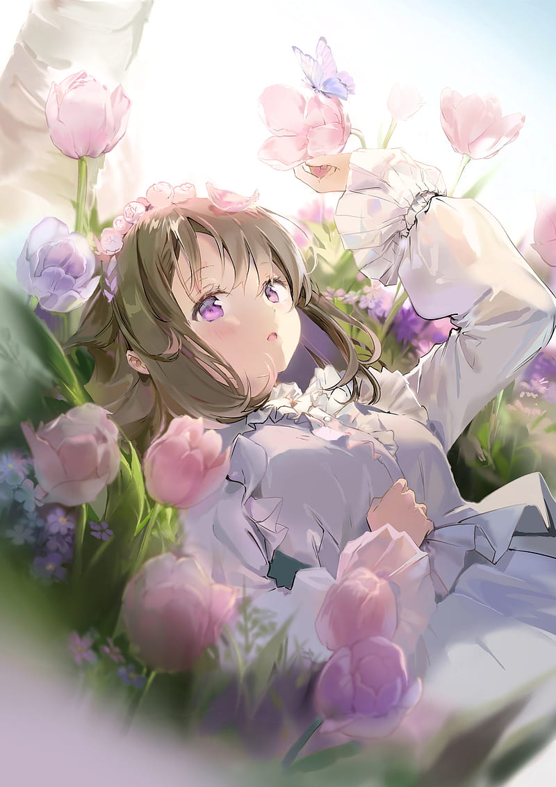 800x1132 Butterfly, pretty flowers, beautiful anime girl, lying down, Anime, HD phone wallpaper