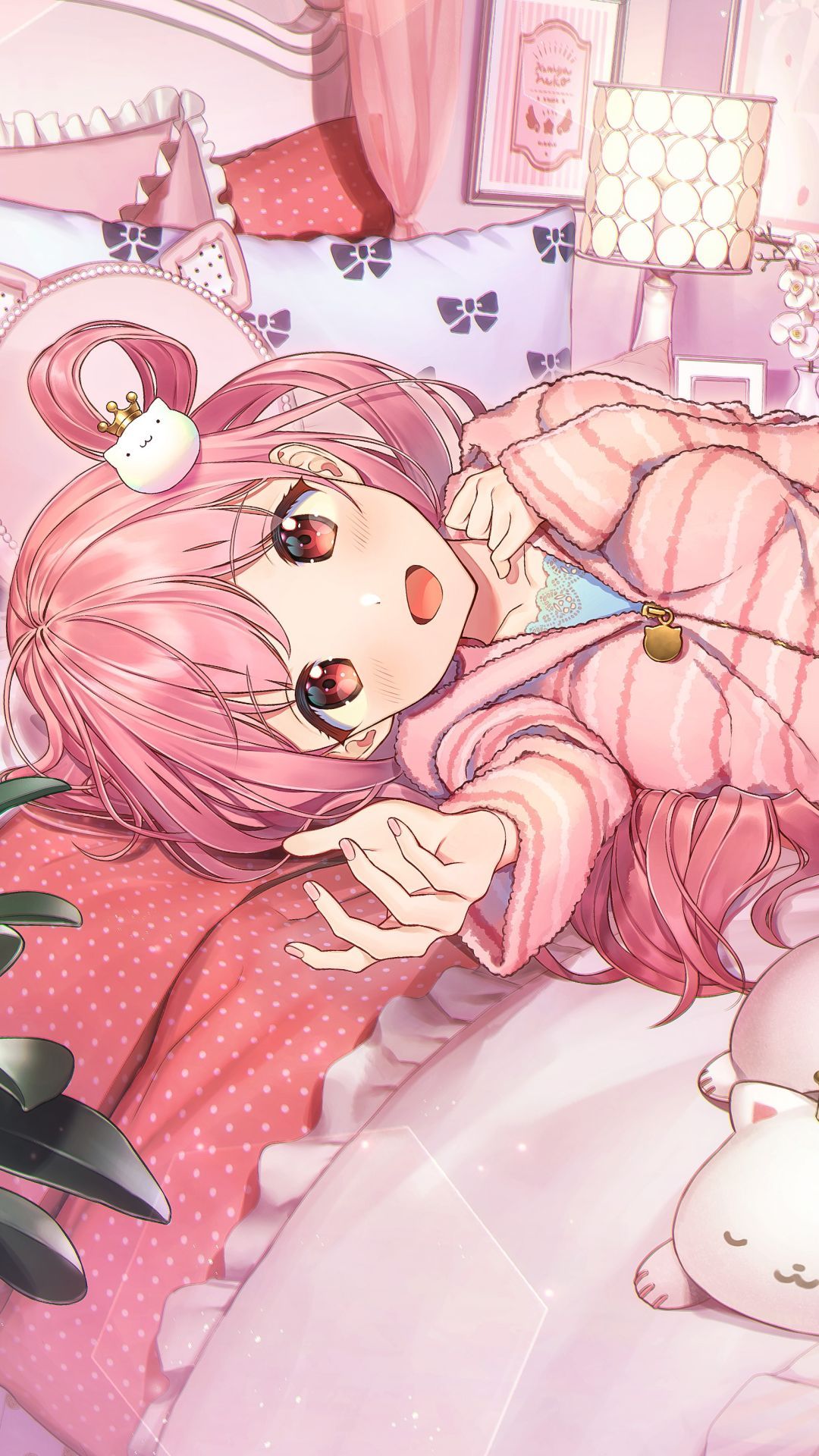 1080x1920 Phone wallpaper: Anime, Girl, Pink Hair, Lying Down, Cat 1373123