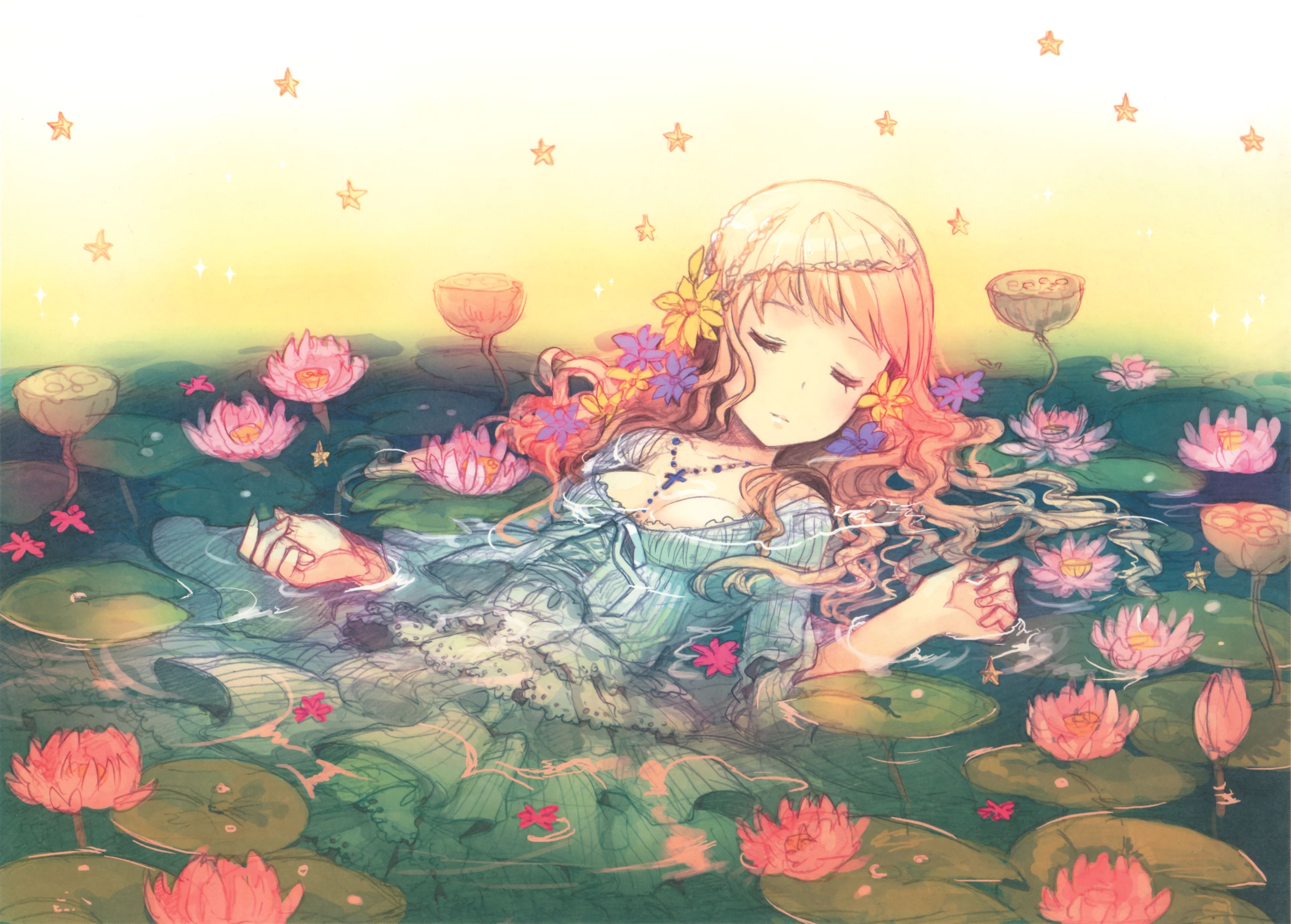 3861x2764 Desktop wallpaper: Anime, Original, Blue Dress, Cross, Dress, Flower, Lying Down, Necklace, Sleeping, Water Lily, Water 4K free download for PC. 837168