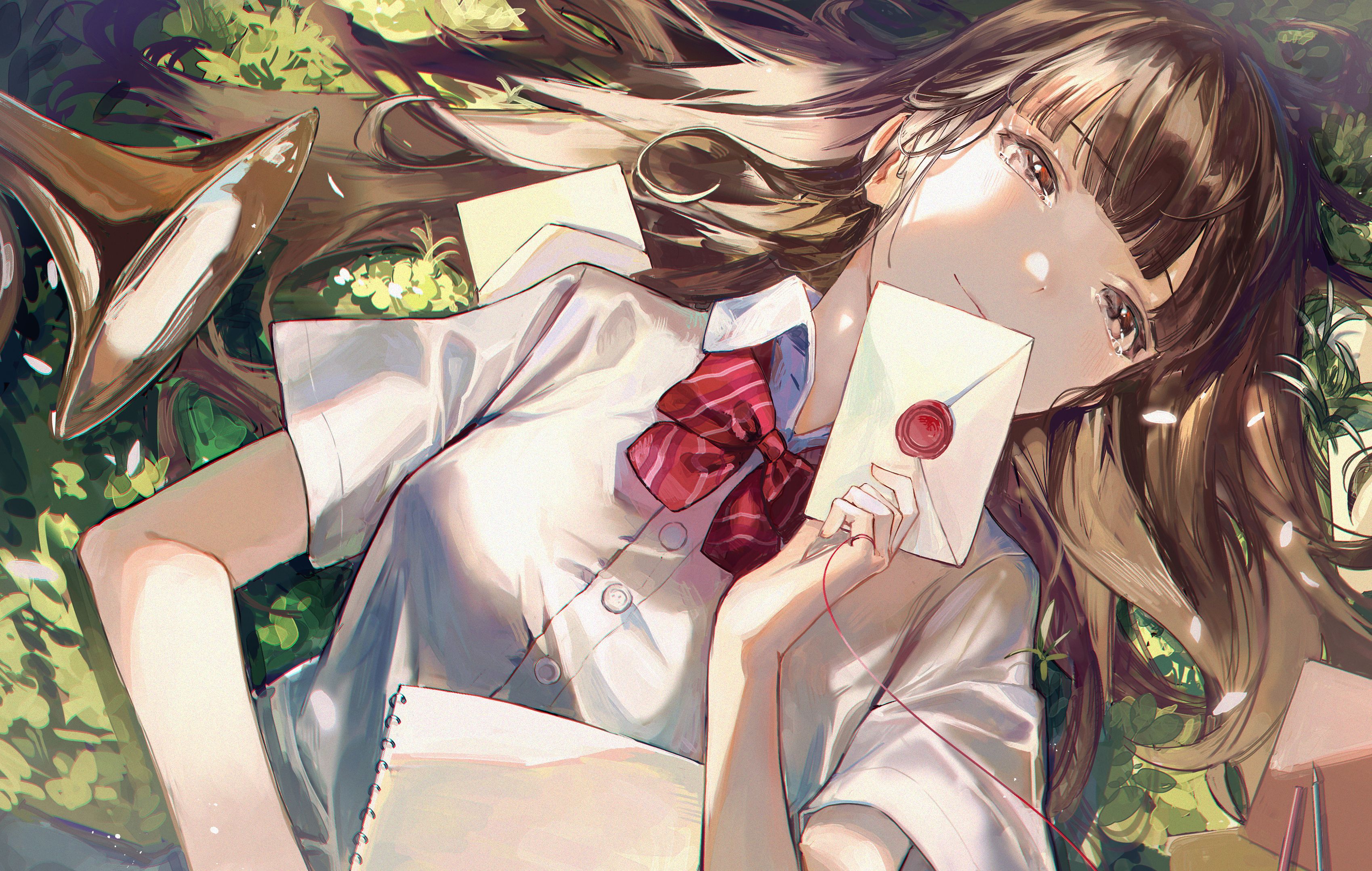 3397x2158 Phone wallpaper: Anime, Girl, Lying Down, School Uniform 1536716