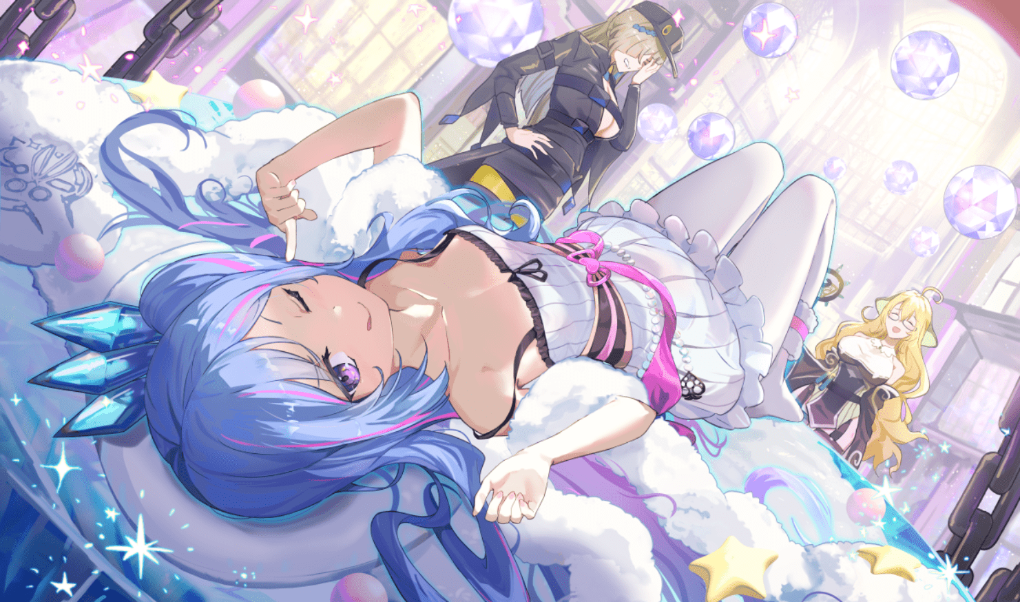 1481x874 Tongue Out, Lying Down, Lying On Back, One Eye Closed, Long Hair, Two Tone Hair, Looking At Viewer, Pixiv, Anime, Anime Girls, Bubbles, Hat, Uniform, Yu Gi Oh!, Dress, Stars, Sunlight, Chainsx874