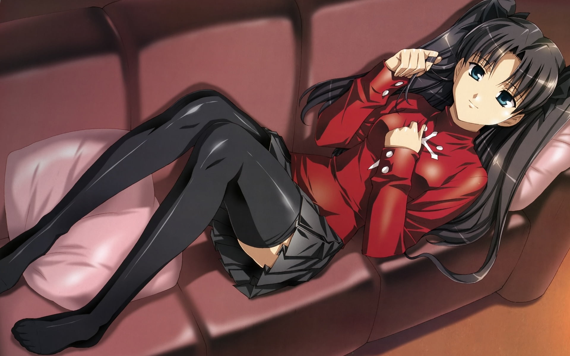 1920x1200 Female anime character in red top lying down on sofa HD wallpaper