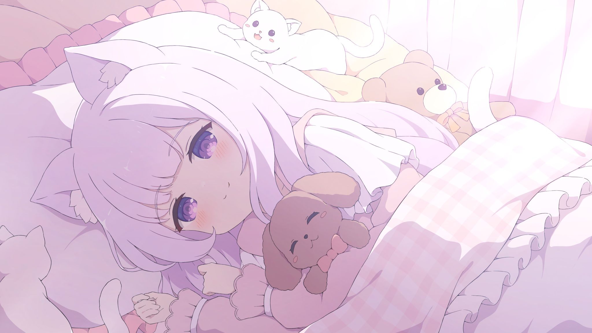 2048x1152 lying down, lying on side, smiling, cat girl, looking at viewer, long hair, purple hair, anime, anime girls, blushing, sunlight, cat ears, cat tail, cats, teddy bears, animals, bed, pillow, purple eyes