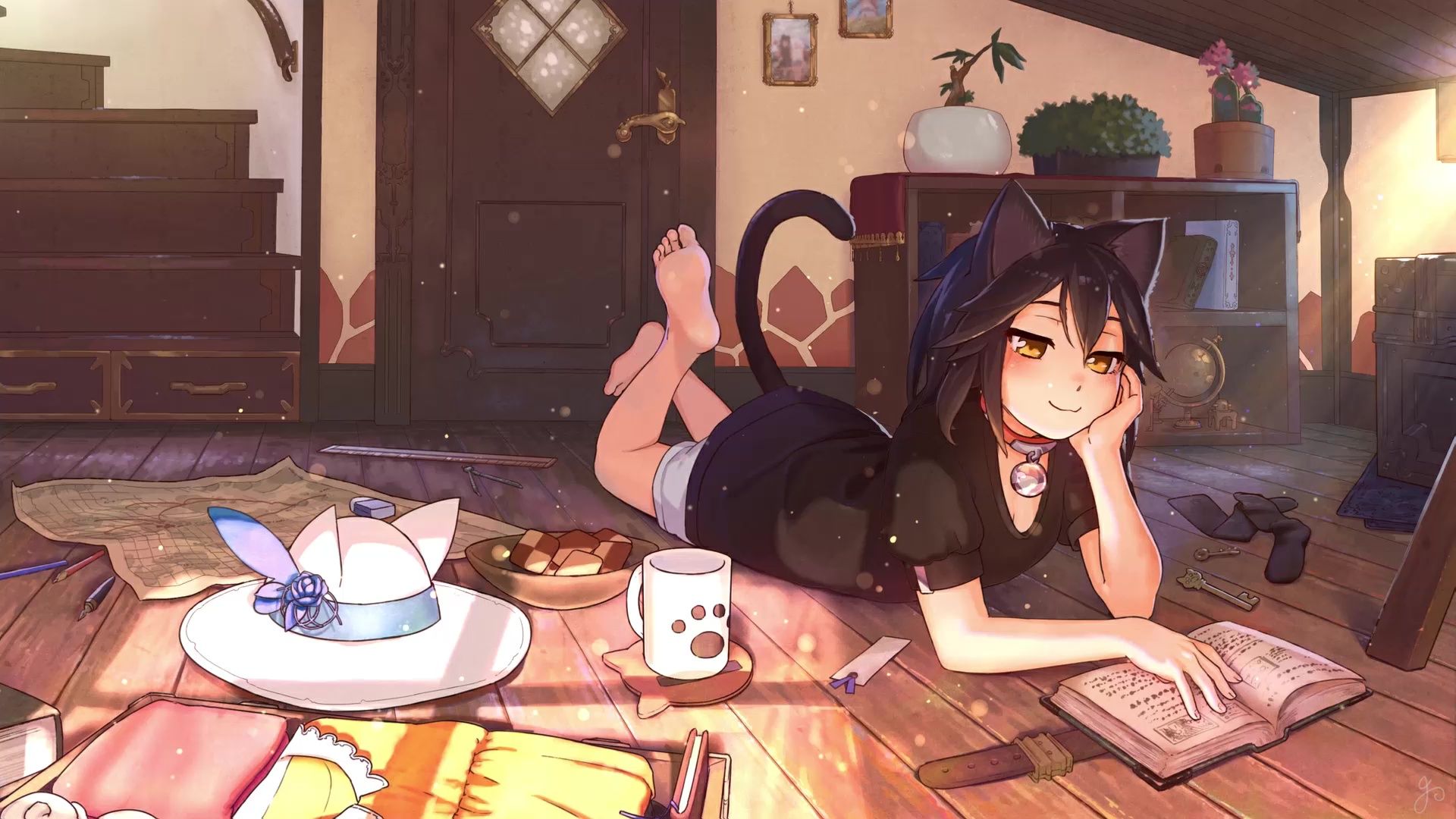 1920x1080 Neko Girl Lying Down Reading A Book Live Wallpaper