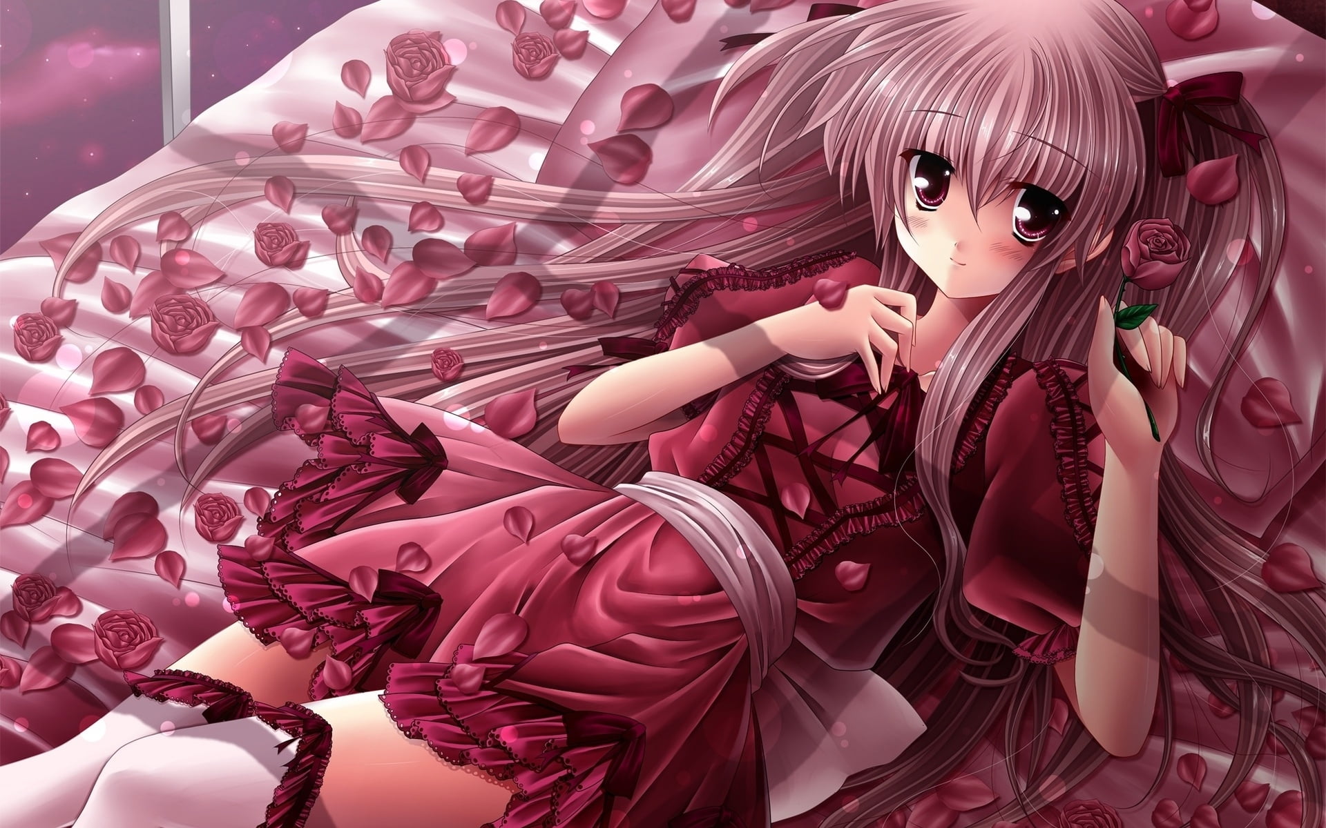 1920x1200 Closeup photo of female anime character wearing red dress lying on bed HD wallpaper