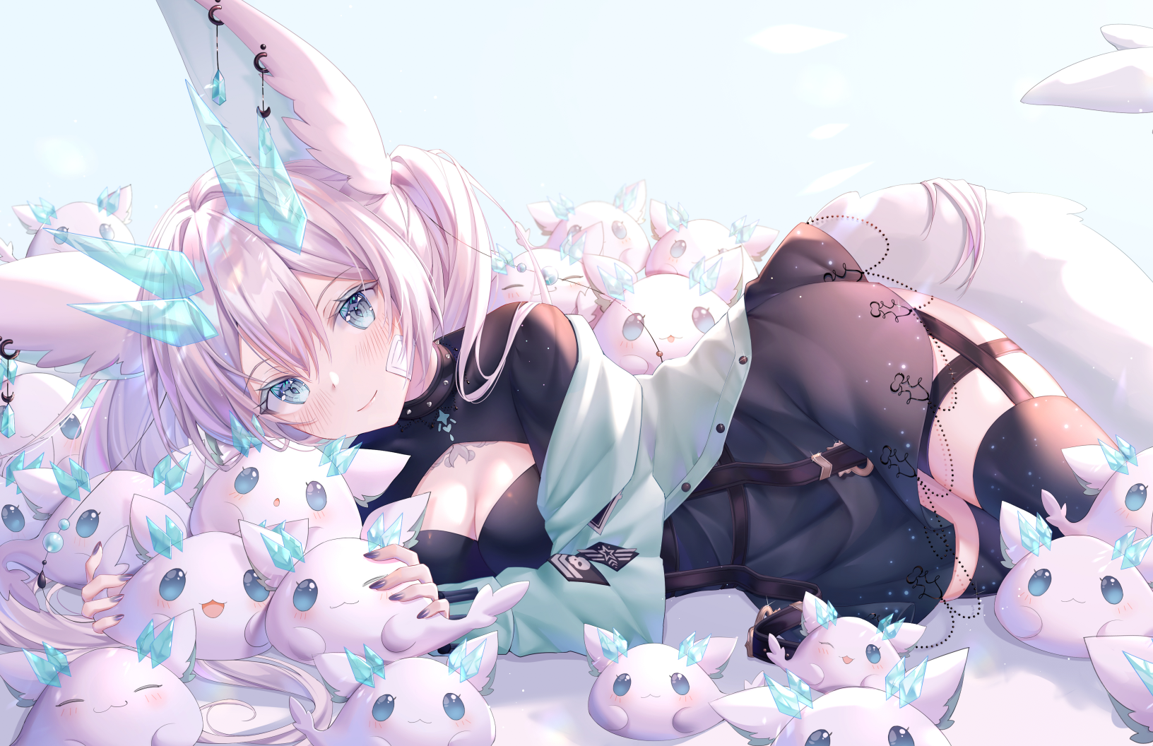 1632x1056 cleavage, lying down, lying on side, smiling, looking at viewer, blue eyes, long hair, anime girls, artwork, stockings, blushing, animalsx1056 Wallpaper