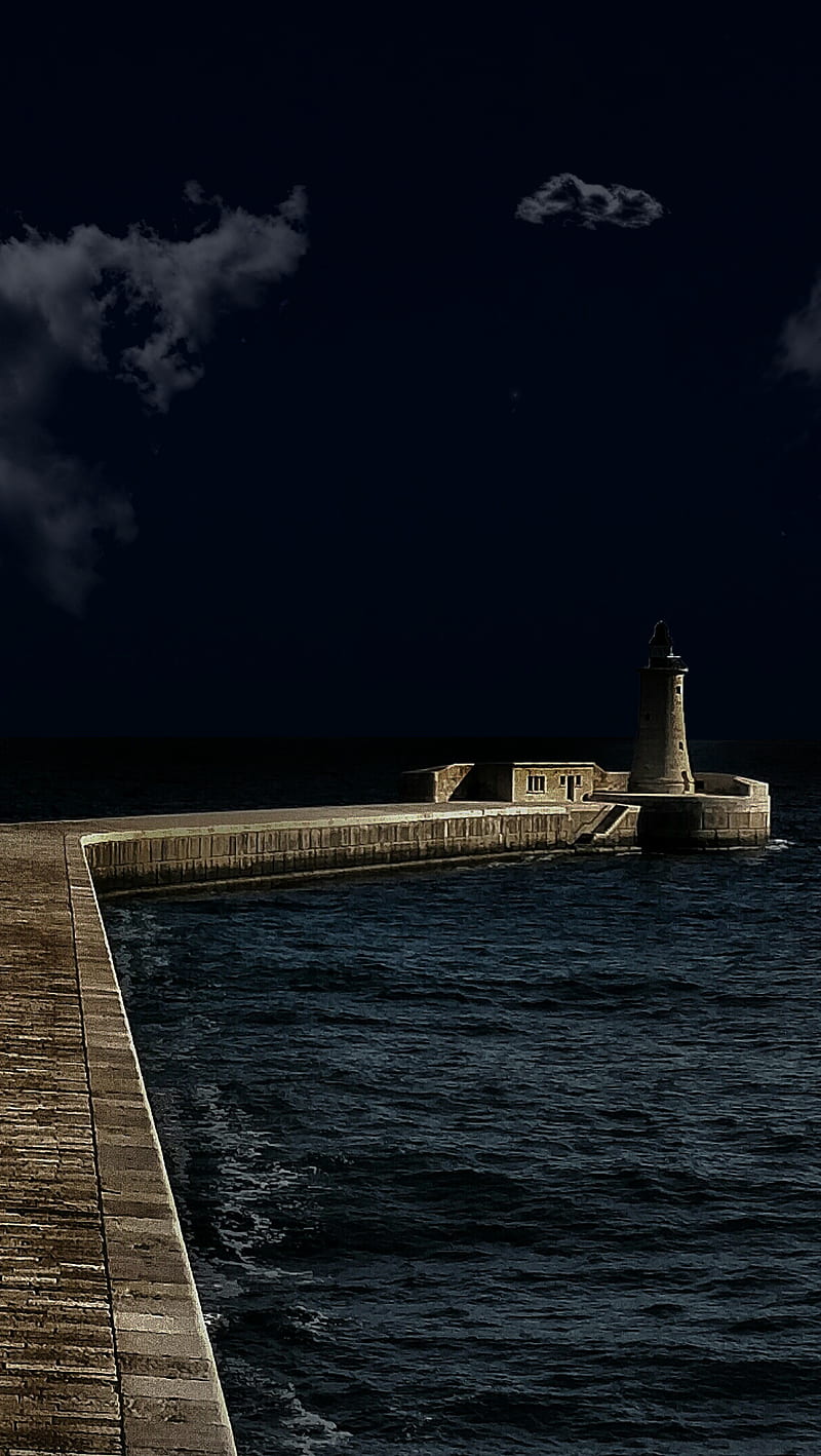 800x1418 Lighthouse, blue, breakwater, clouds, dark, malta, night, sea, HD phone wallpaper