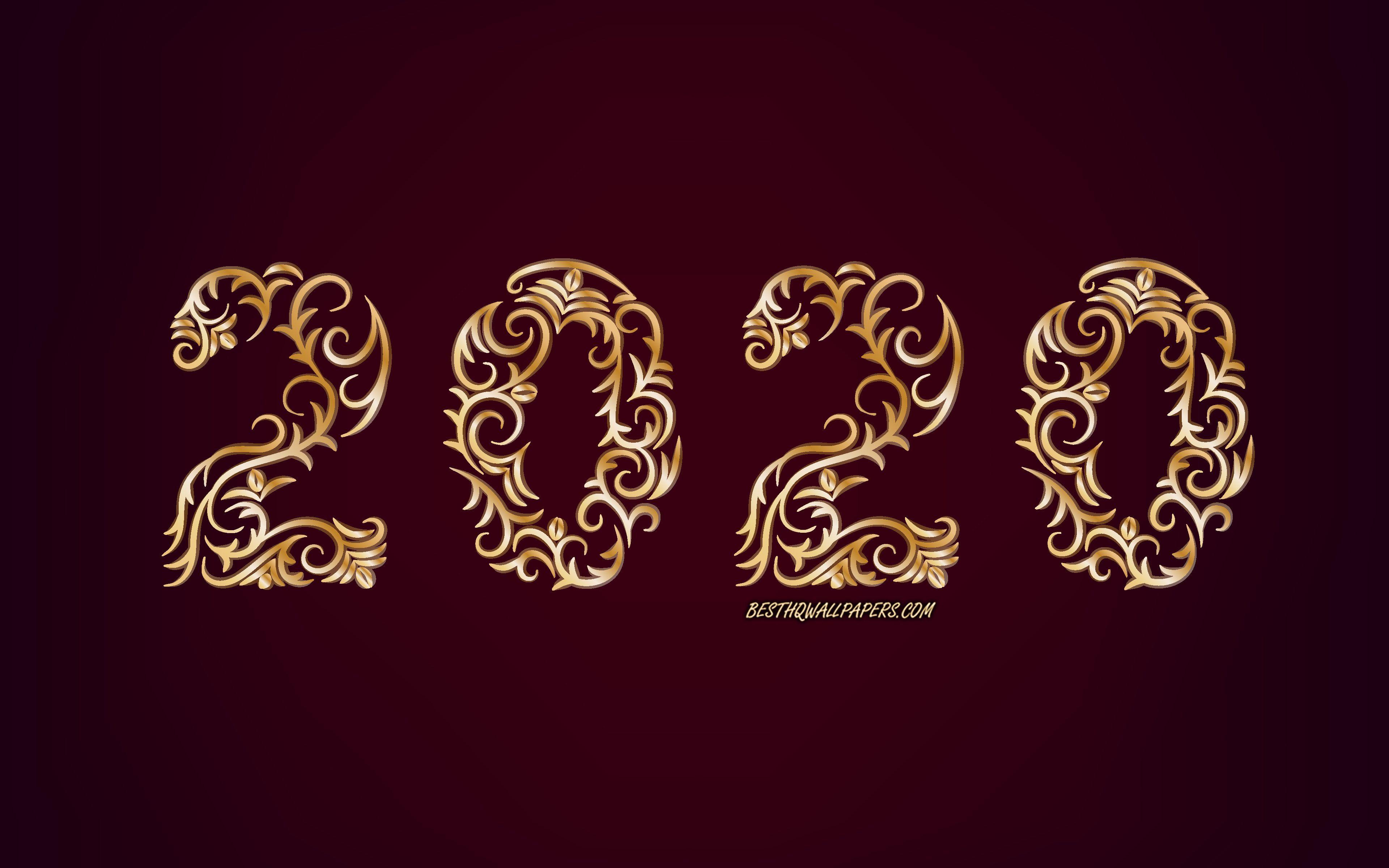 3840x2400 Download wallpaper 2020 year concepts, 2020 golden floral background, 2020 gold ornament, burgundy background, Happy New Year, 2020 concepts for desktop with resolution 3840x2400. High Quality HD picture wallpaper