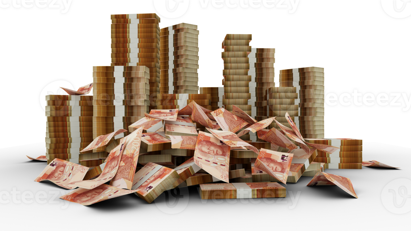 1742x980 Big stacks of 2023 South African rand notes. A lot of money isolated on transparent background. 3D rendering of bundles of cash 28203566 PNG