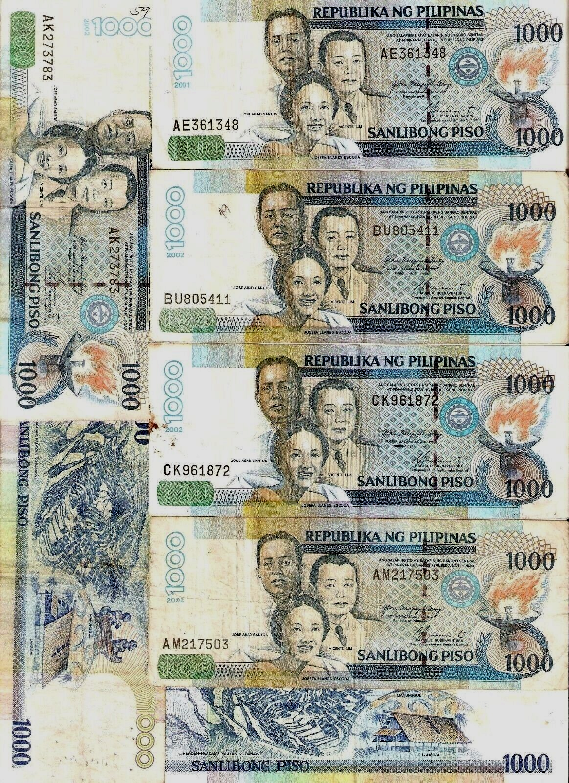 1163x1600 Philippines 000 PISO 1000 P 197 2002 X 1 Pcs TORCH USED World Currency NOTE