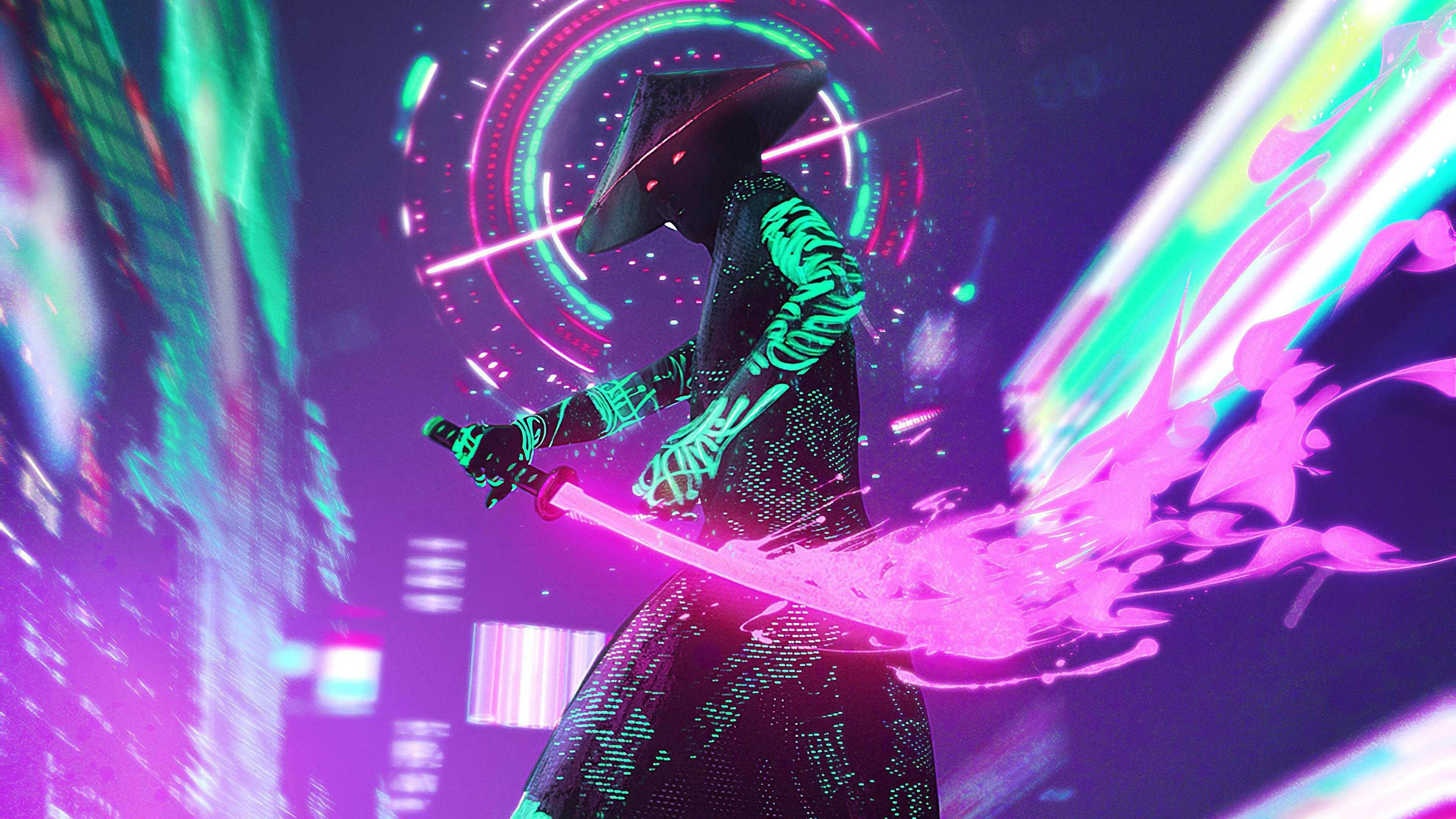 3840x2160 Neon Samurai Desktop Wallpaper 4K