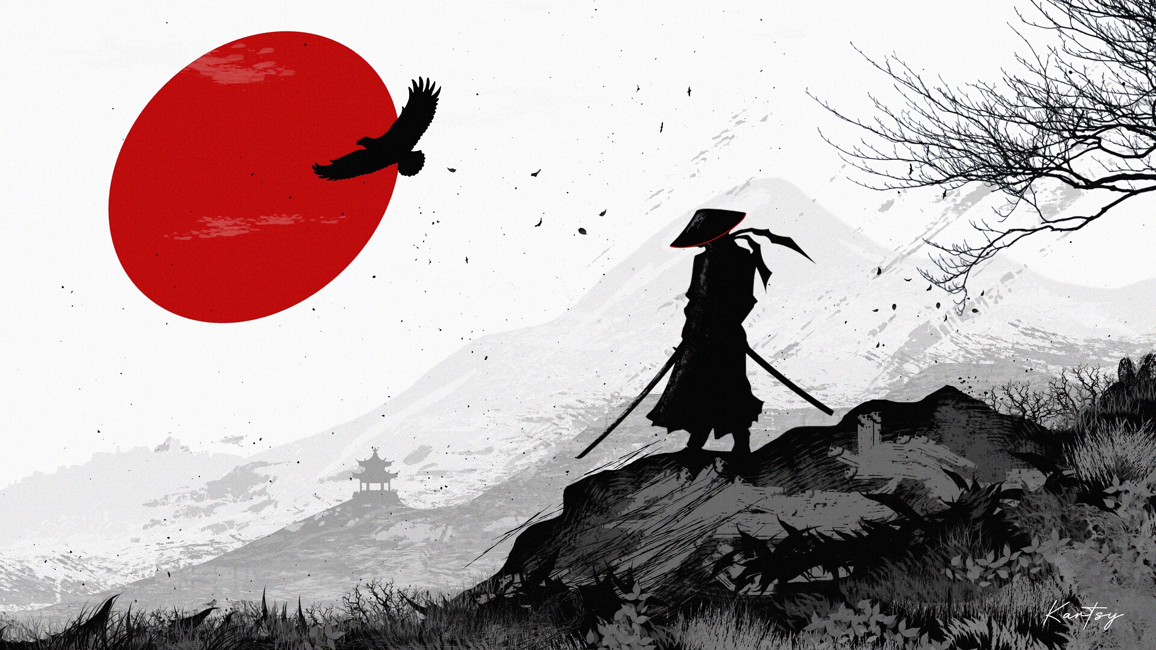 3840x2160 Download wallpaper 3840x2160 samurai, warrior, silhouette, art, black and white 4k uhd 16:9 HD background