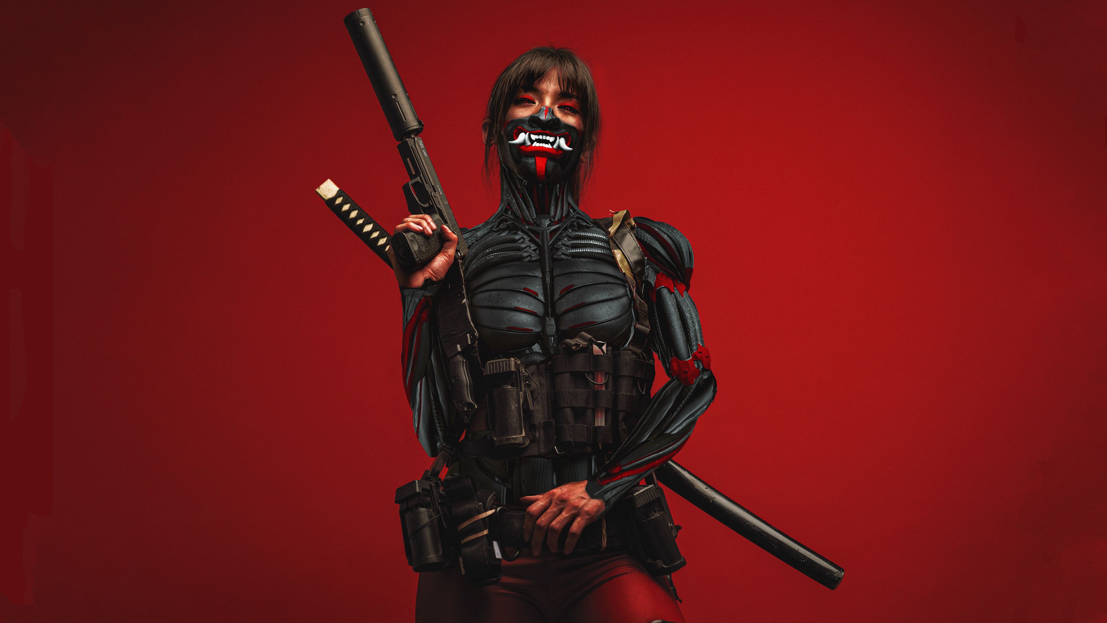3840x2160 Download Samurai, Warrior, Cyberpunk, Young woman, Weapon, Red background Wallpaper in 3840x2160 Resolution