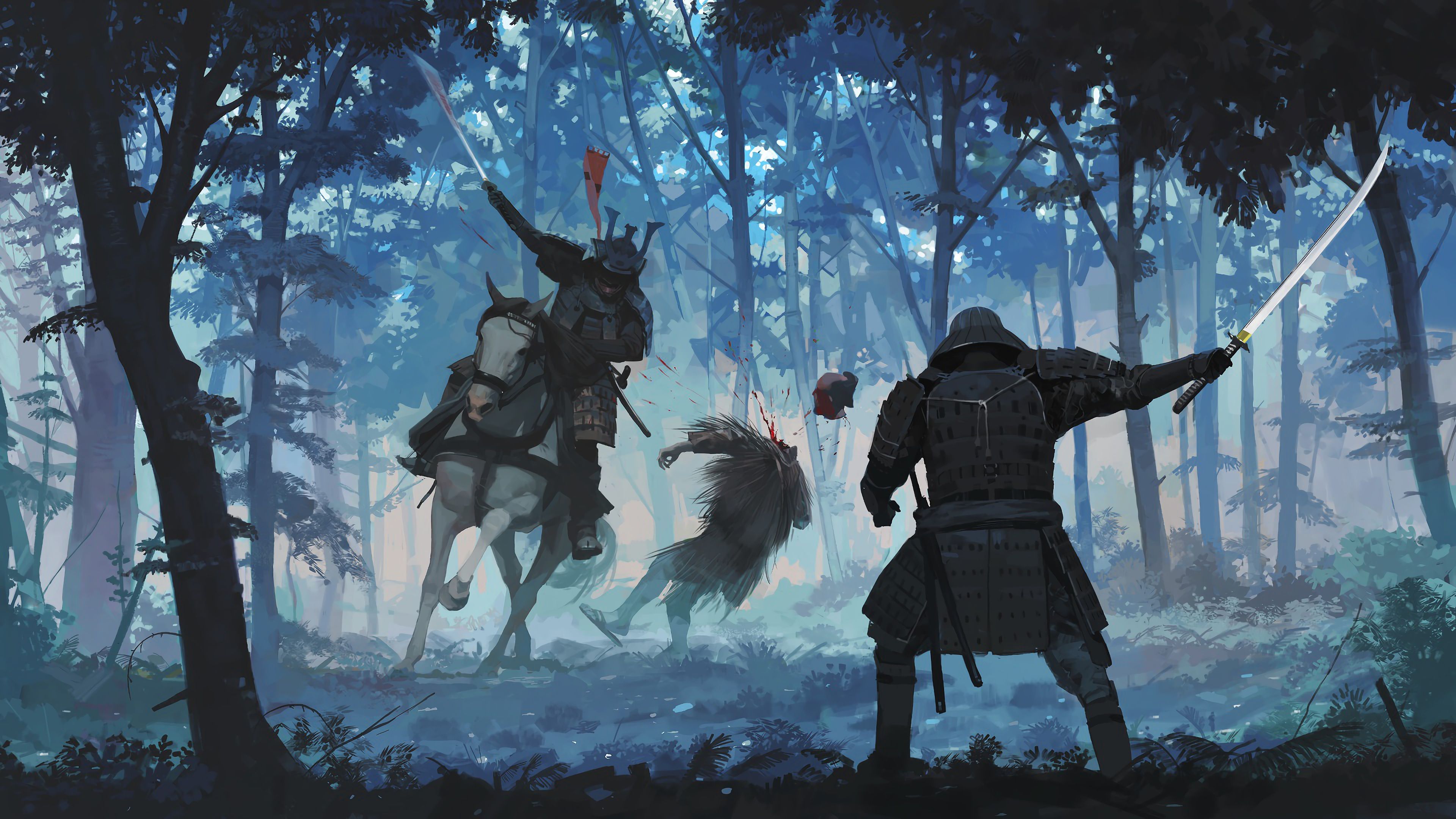 3840x2160 Samurai Battle Forest 4K Wallpaper HD