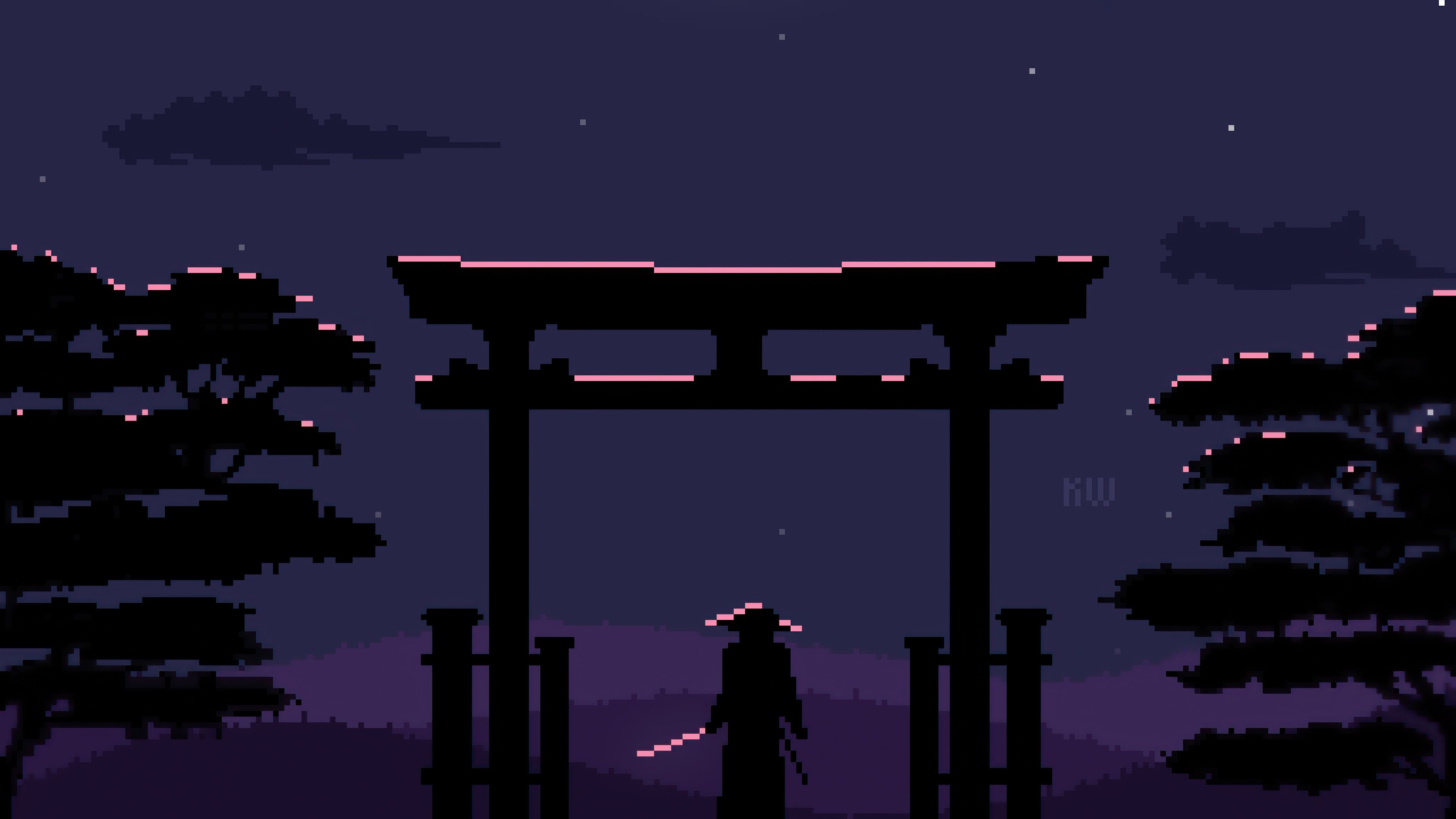 3840x2160 Samurai Wallpaper 4K, Pixel art, Torii gate