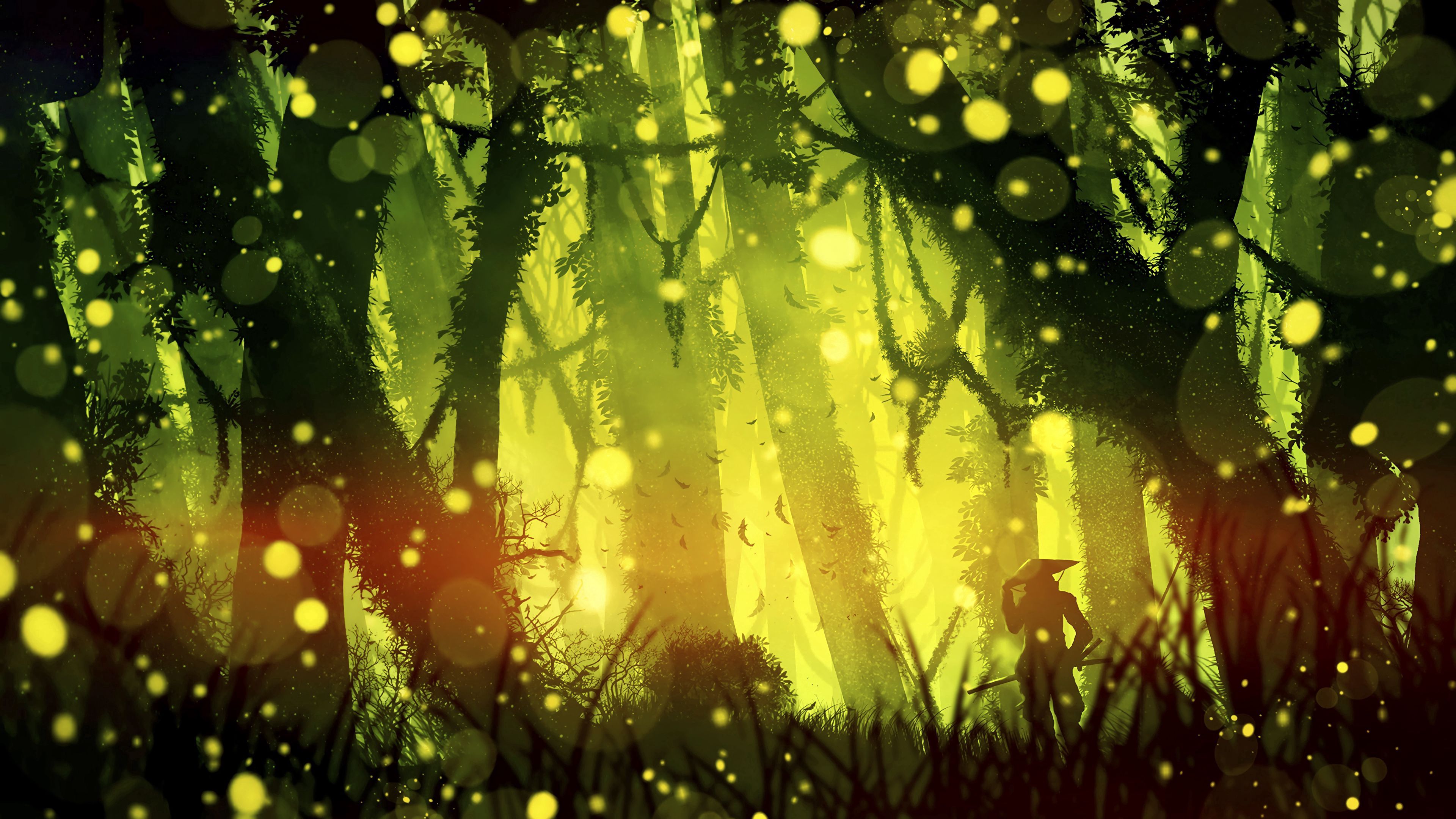 3840x2160 Download wallpaper 3840x2160 samurai, jungle, light, glare, bright, green HD background