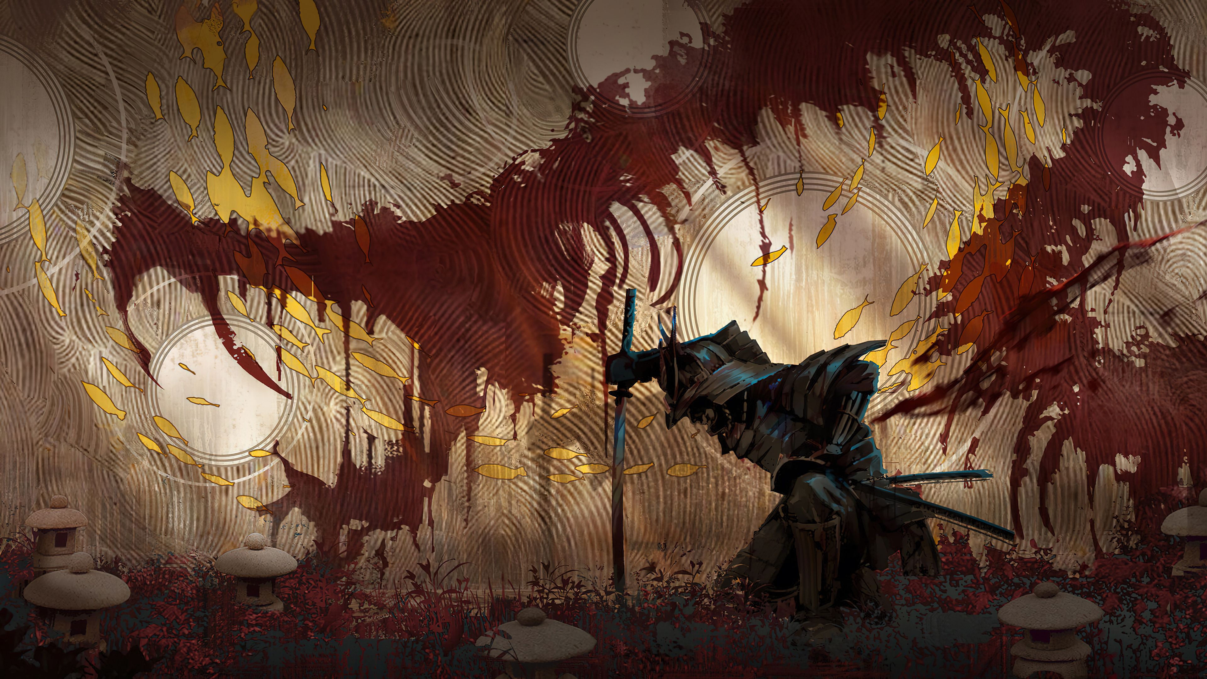 3840x2160 Samurai Kneeling Fantasy Art Wallpaper 4K HD PC g