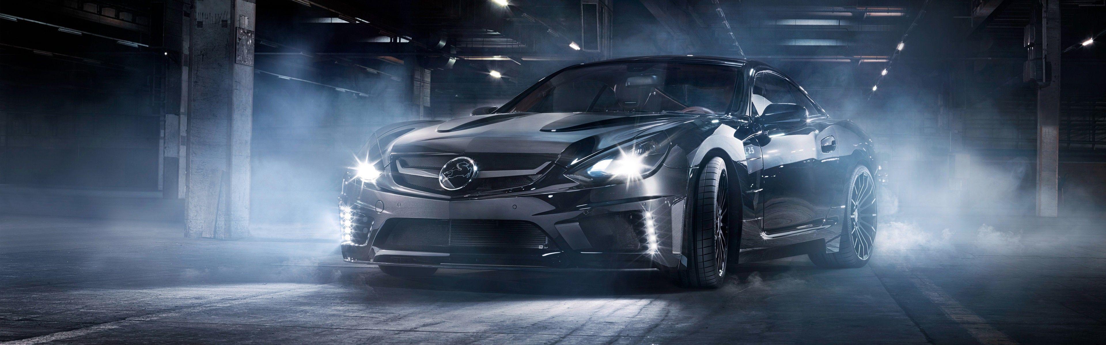 3840x1200 Street night mist dual monitors multiple display sports car tuning Mercedes Benz SL65 AMG Black Series wallpaperx1200