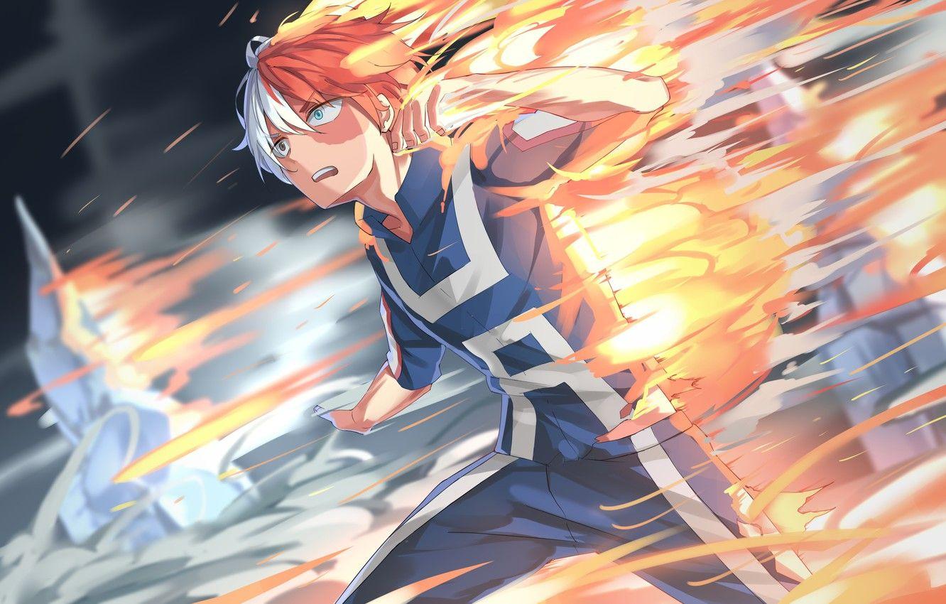 1332x850 Wallpaper fire, flame, ice, anime, hero, manga, powerful, strong, uniform, yuusha, spark, seifuku, Shouto Todoroki, My Hero Academia, Boku no Hero Academy image for desktop, section сёнэн