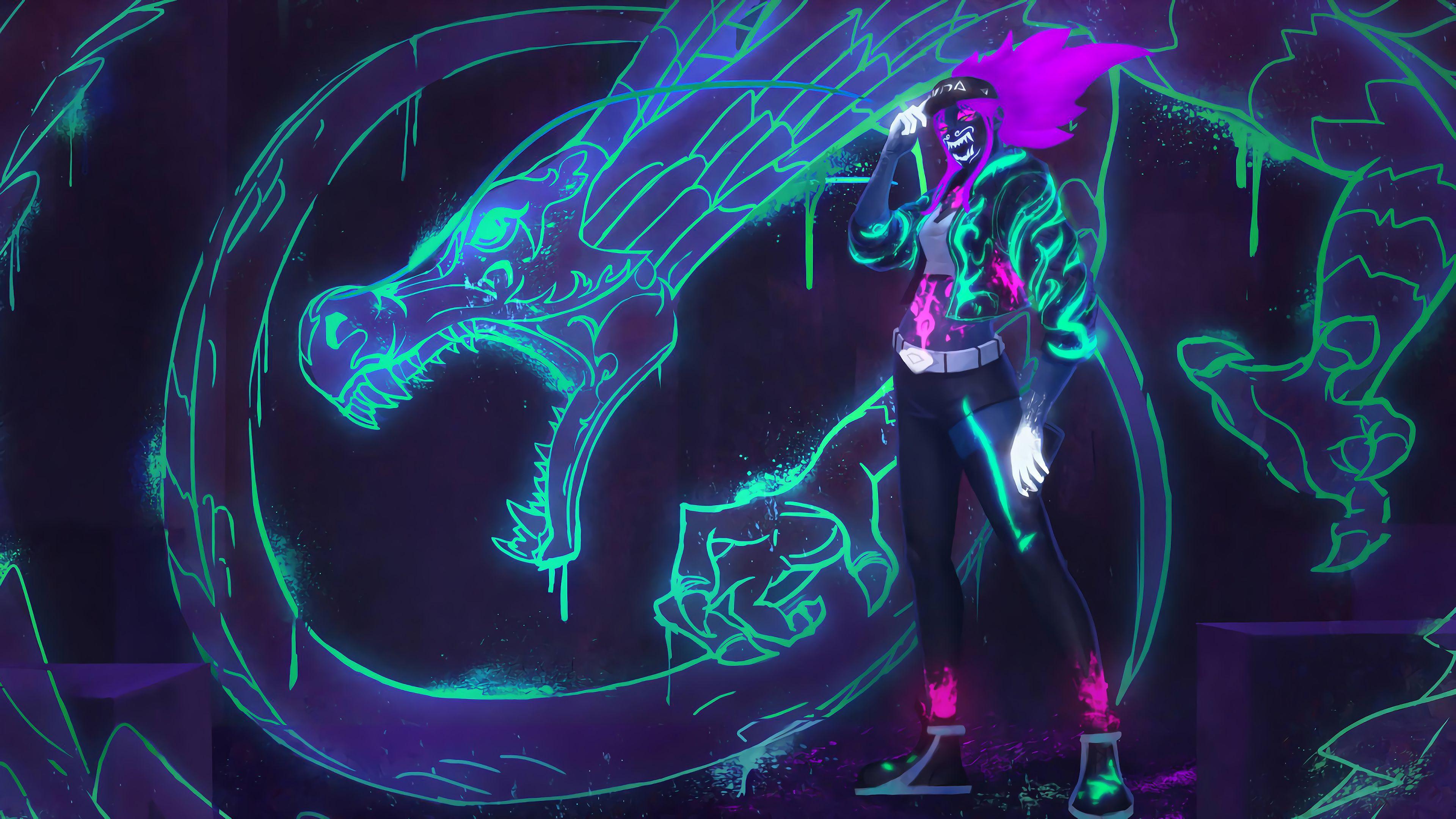 3840x2160 Wallpaper 4k Akali K DA Neon Dragon LoL League Of Legends Lol Akali, K DA Of Legends, K DA Akali, League Of Legends