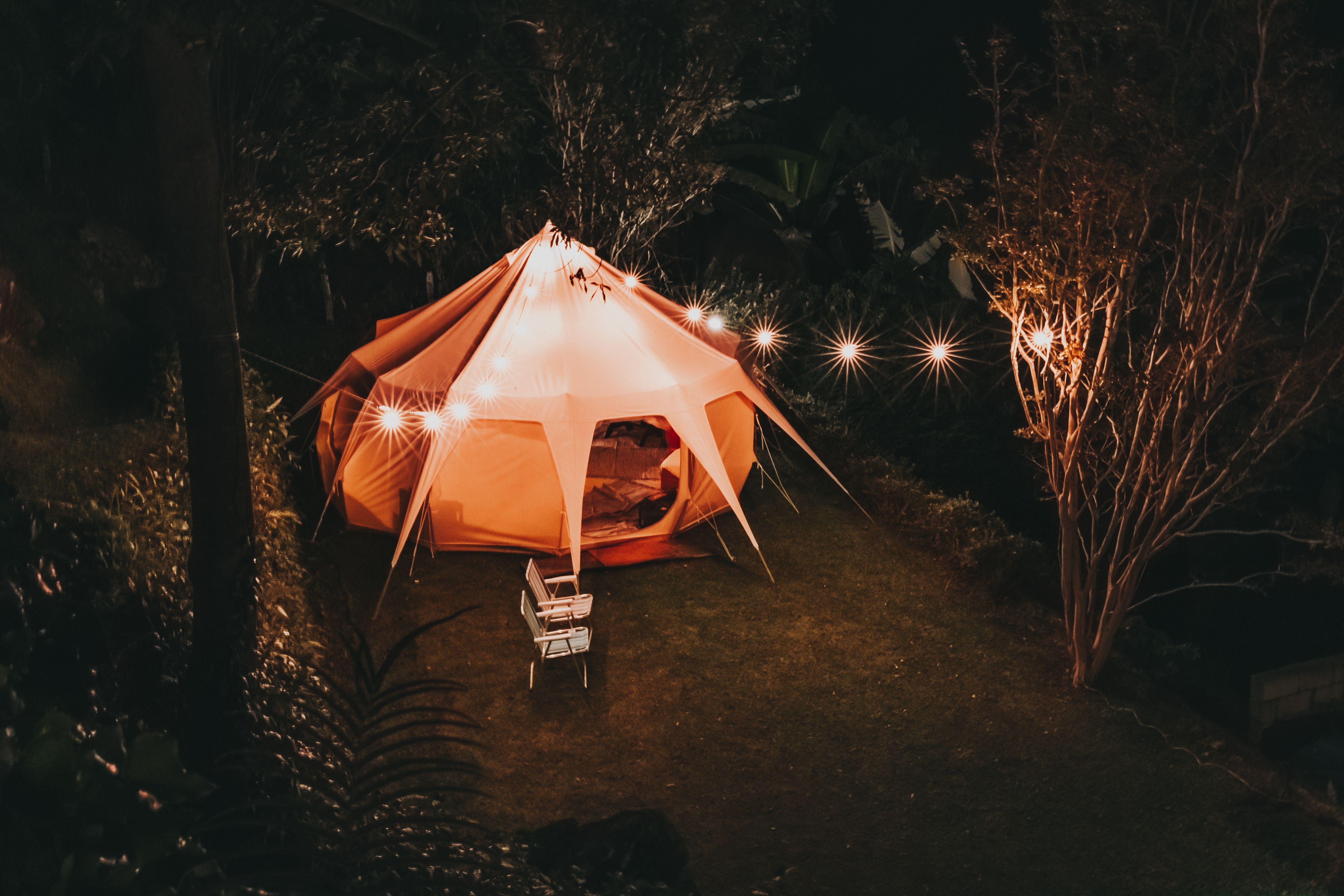 5209x3473 Camping Tent Surrounded With Trees during Nighttime wallpaper