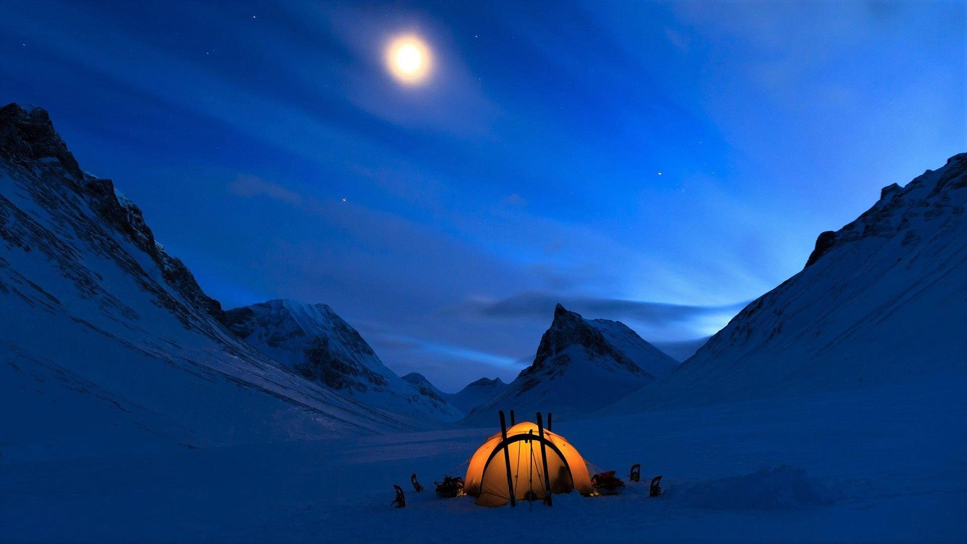 1920x1080 Camping Light Moon Mountain Snow Tent Winter wallpaperx1080