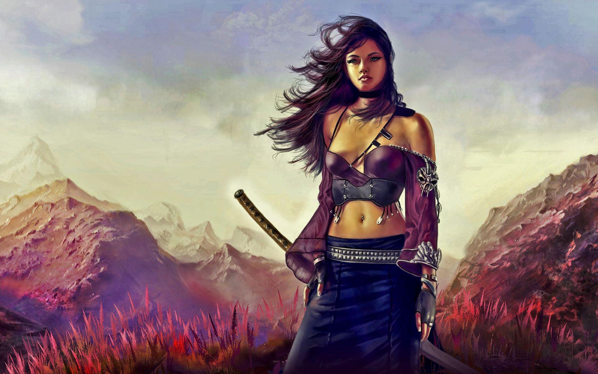 1920x1200 brunette, fantasy, warrior, magic, katana, sword, women wallpaper