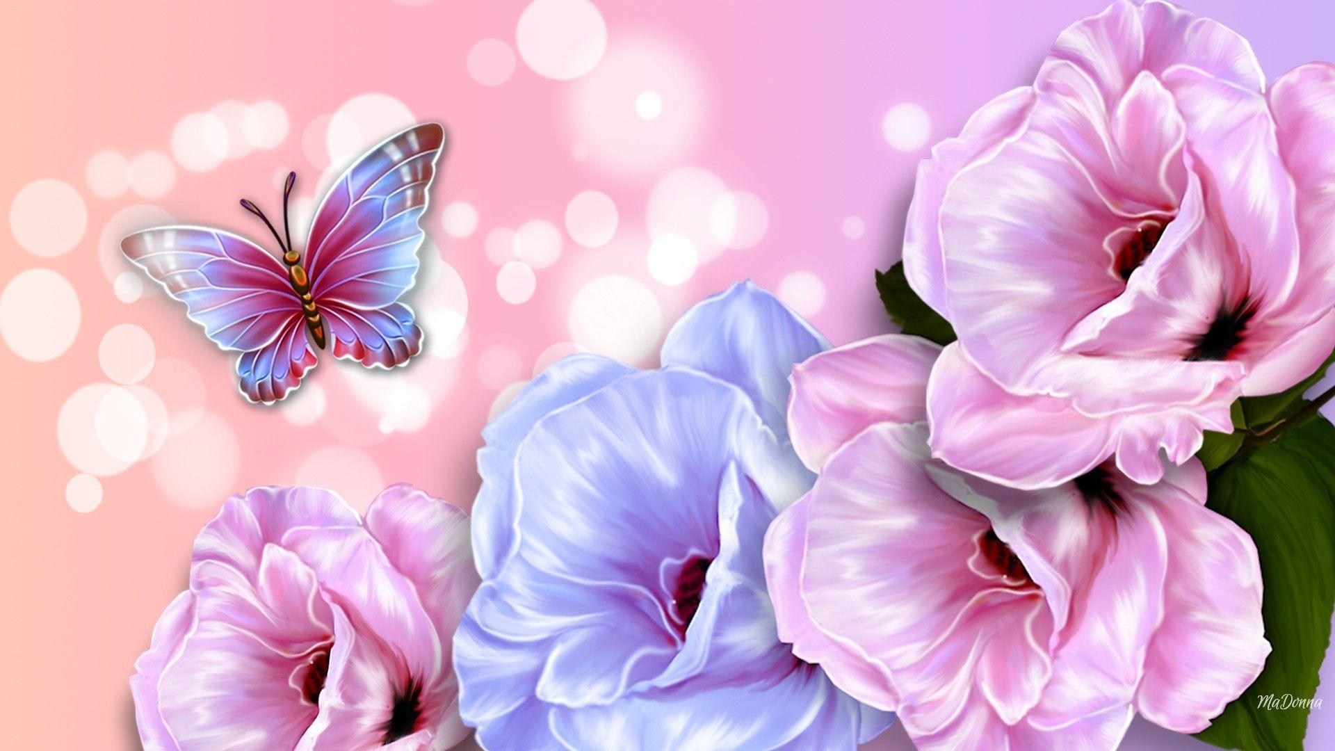 Открытки фон пастель цветы. Shiny Pink Flowers. Pink and Poppy Wallpaper (1881) обои.