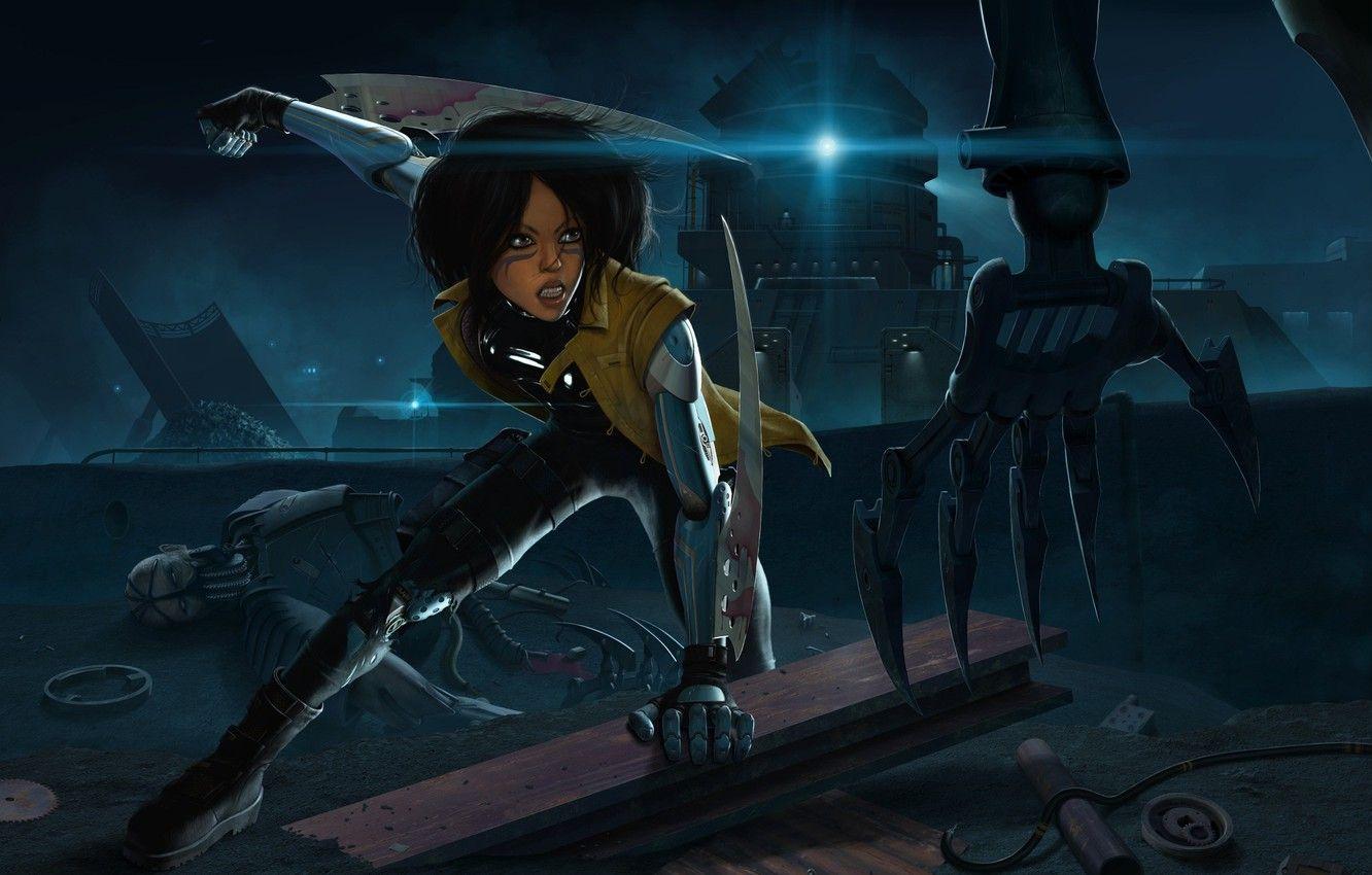 1332x850 Wallpaper girl, night, weapons, mechanism, robot, hand, cyborg, Android, swords, gunnm, gally, battle angel alita image for desktop, section прочее