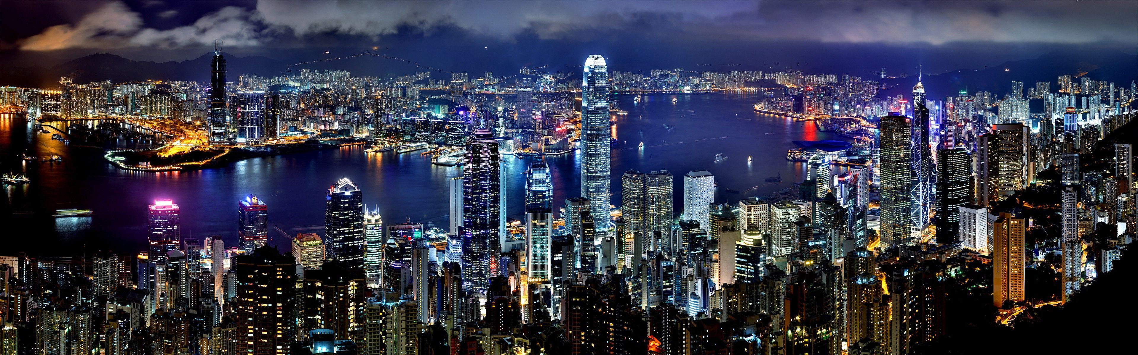 3840x1200 #building, #night, #skyscraper, #Hong Kong, #multiple display, #city, #harbor, #lights, #dual monitors wallpaper. Mocah HD Wallpaper