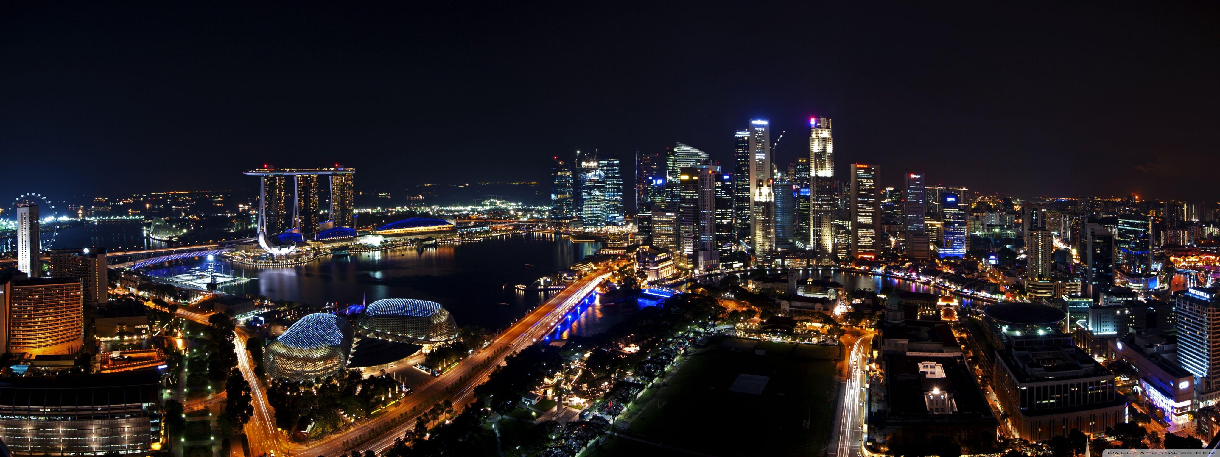 4096x1536 Singapore Night Panorama Ultra HD Desktop Background Wallpaper for : Multi Display, Dual Monitor : Tablet